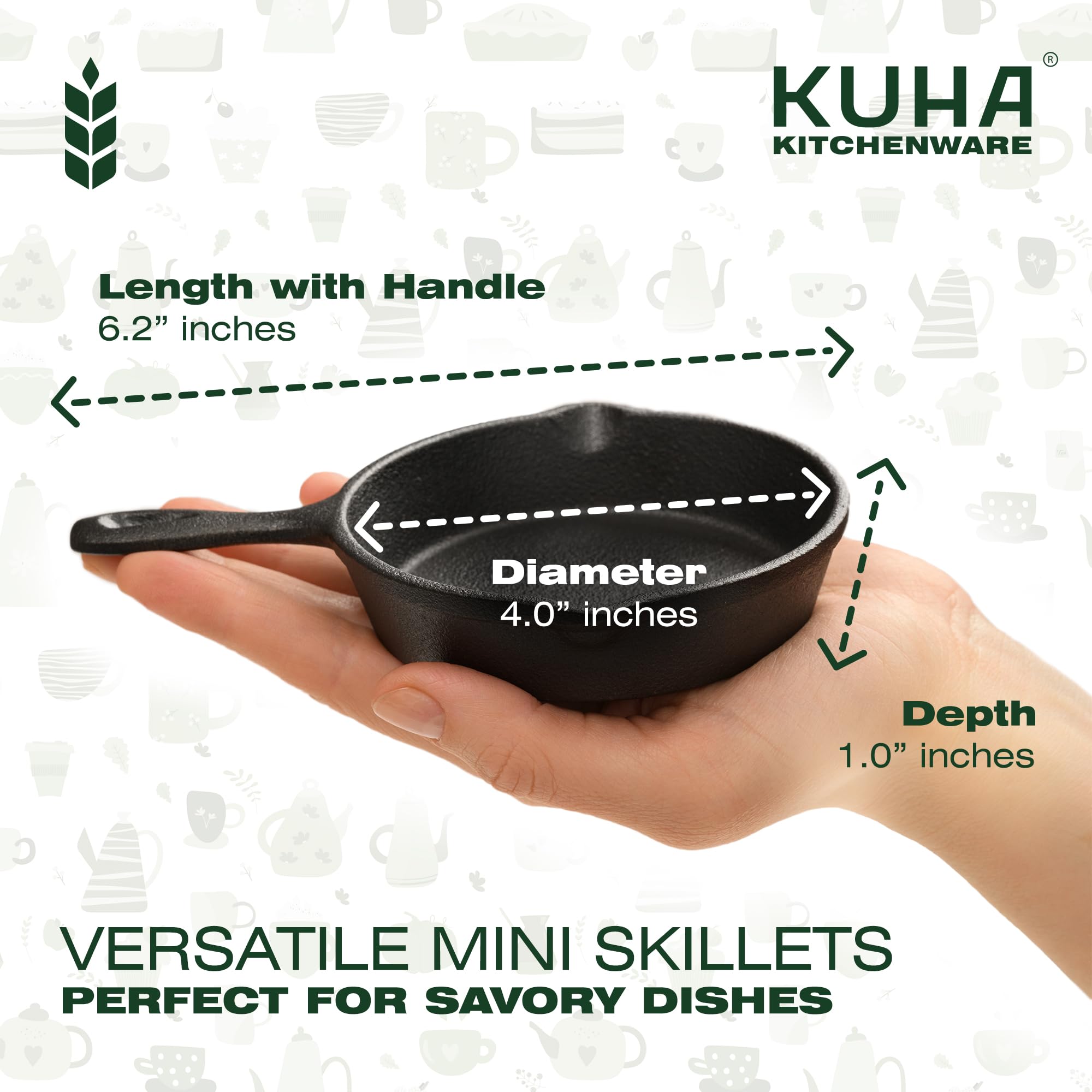 Kuha Mini Cast Iron Skillets 4    (Pack Of 6) - Black Non Stick Frying Pans With 6 Small Silicone Trivets And Scraper - Set Of M
