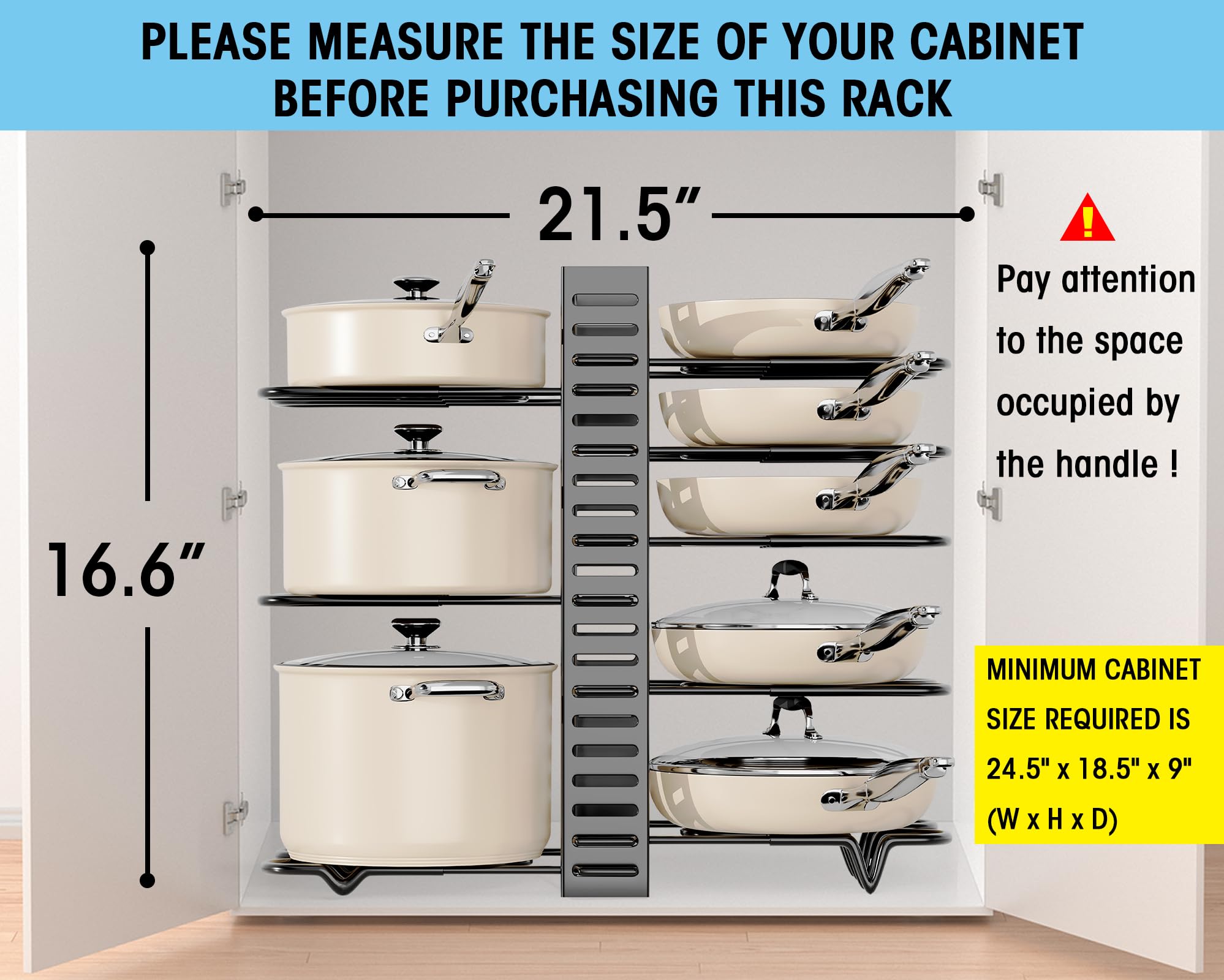 Pmyek Pots And Pans Organizer Rack For Cabinet - 8-Tier Adjustable Rack Heavy-Duty Under Cabinet Pot And Pan Storage - Perfect F