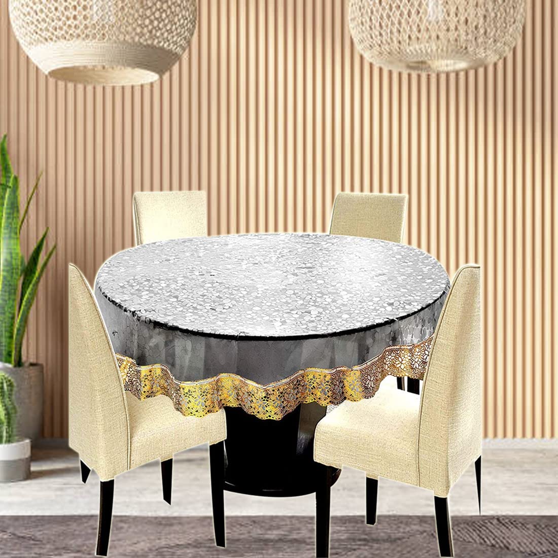 Dashomes Pvc 3D Transparent 6 Seater Round Dining Table Cover With Golden Lace||72 Inch Diameter, Pack Of 1||3D Bubble Cover For