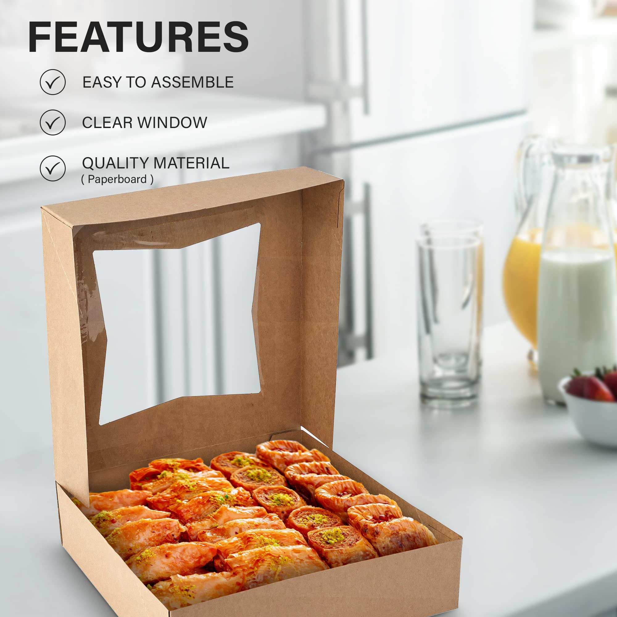 Mt Products Kraft Pie Bakery Boxes With Window 10 X 10 X 2.5 - Auto Pop-Up Cookie Boxes (Pack Of 15) - Made In The Usa