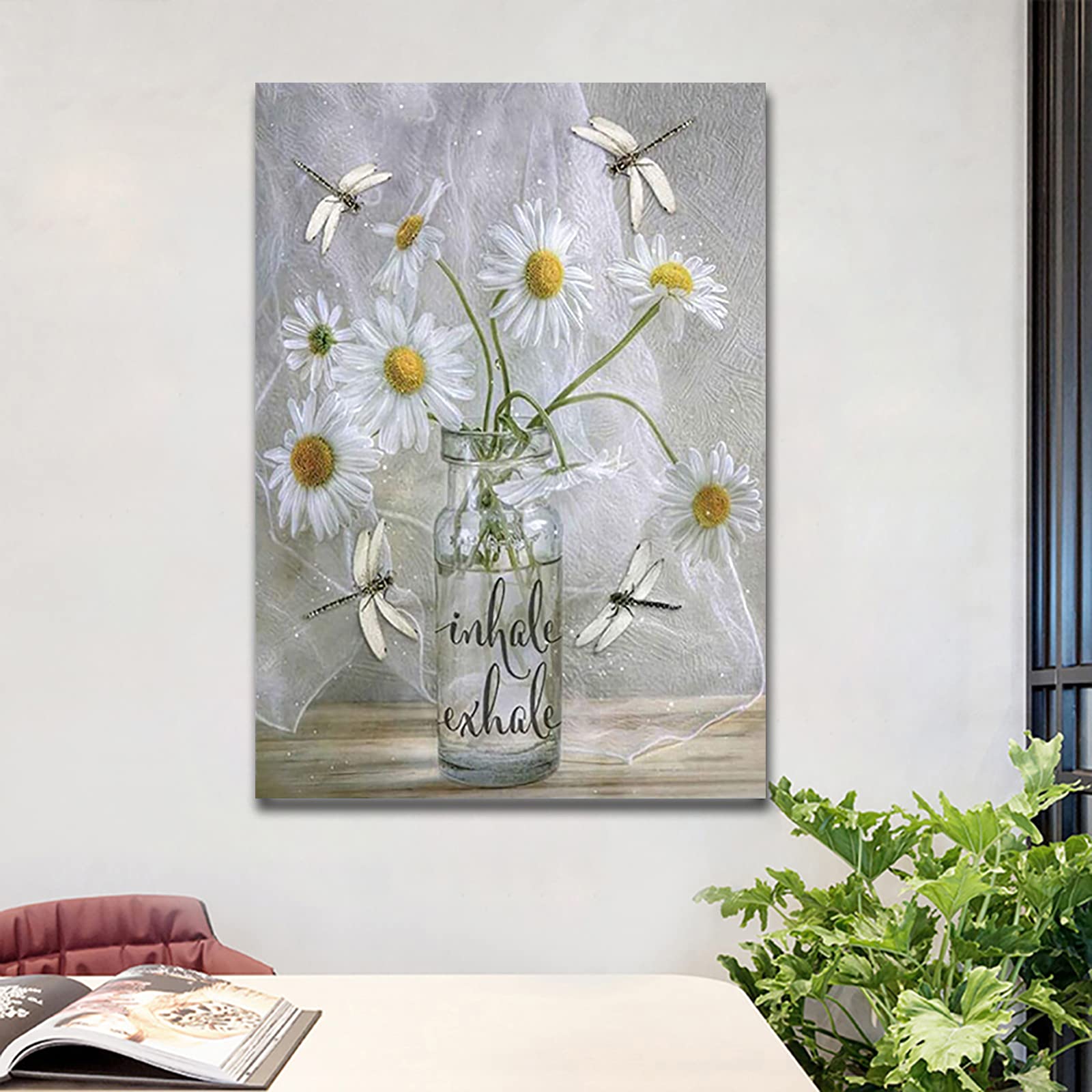 Unikei, Daisy Wall Art Canvas Deep Breath Inhale Exhale Inspirational Art Poster Paintings Flower In Vase White Floral Dragonfli