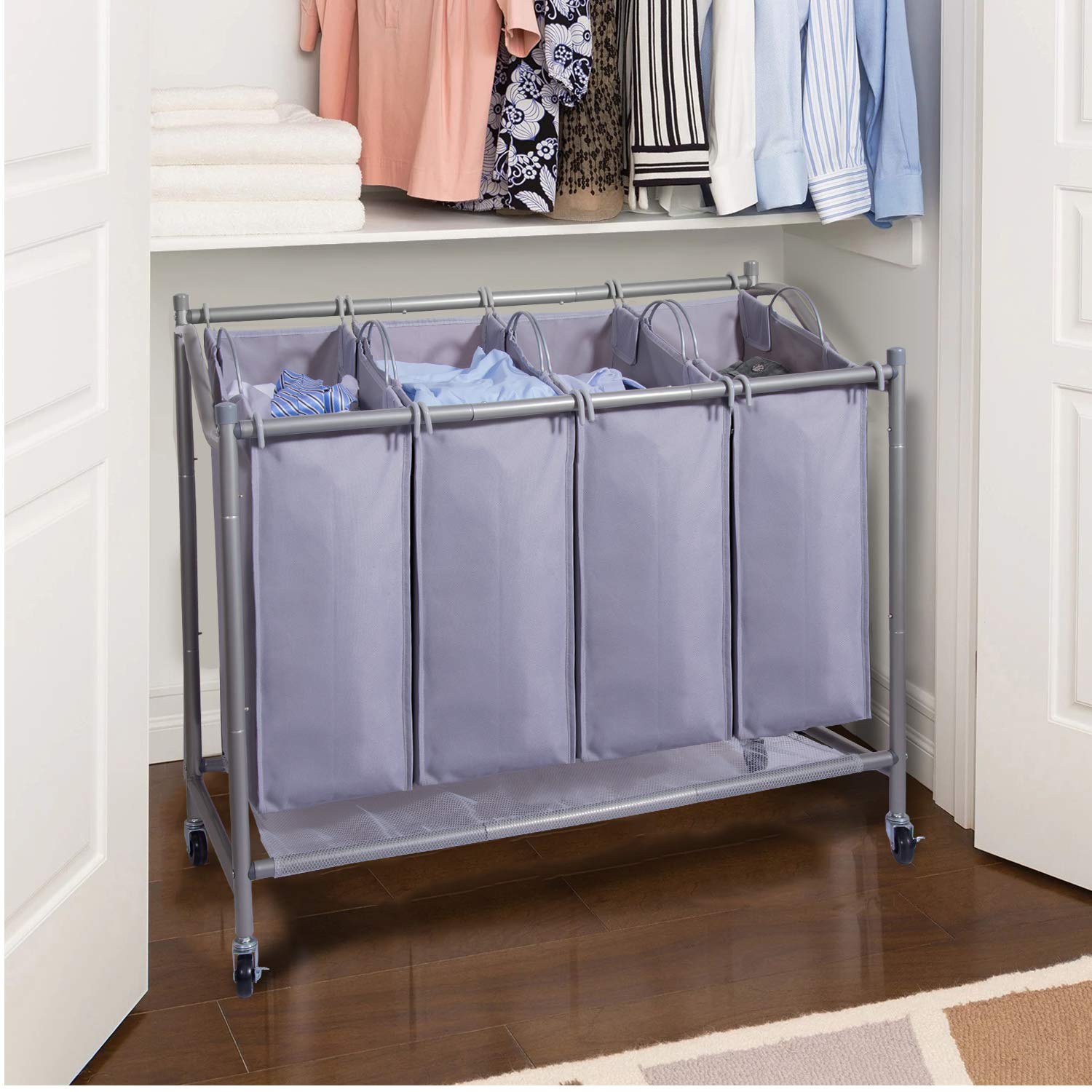 Laundry Sorter Cart 4-Bag Classics Rolling Laundry Hamper  Sturdy Frame with 60KG Weight Capacity  Gray