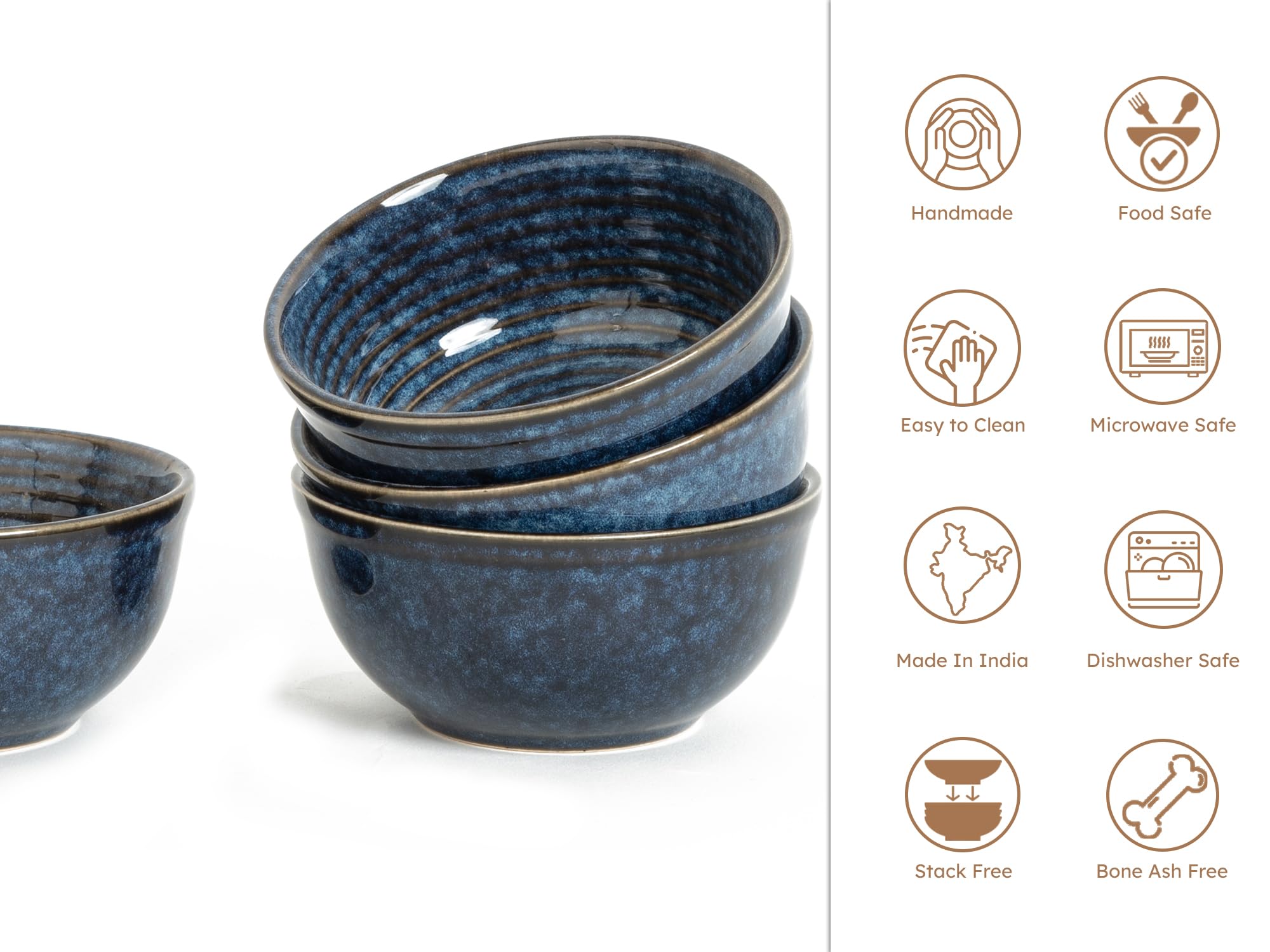 Bodhi House Handmade Reactive Glaze Ceramic Dinner Bowl Ceramic Katori 4.4 Inches, Set Of 4-180 Ml (Dishwasher And Microwave Saf