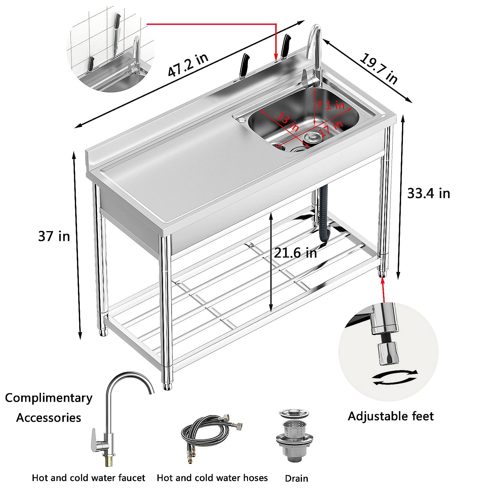Free Standing Stainless-Steel Single Bowl, Commercial Restaurant Kitchen Sink Set W/Faucet & Drainboard, Prep & Utility Washing