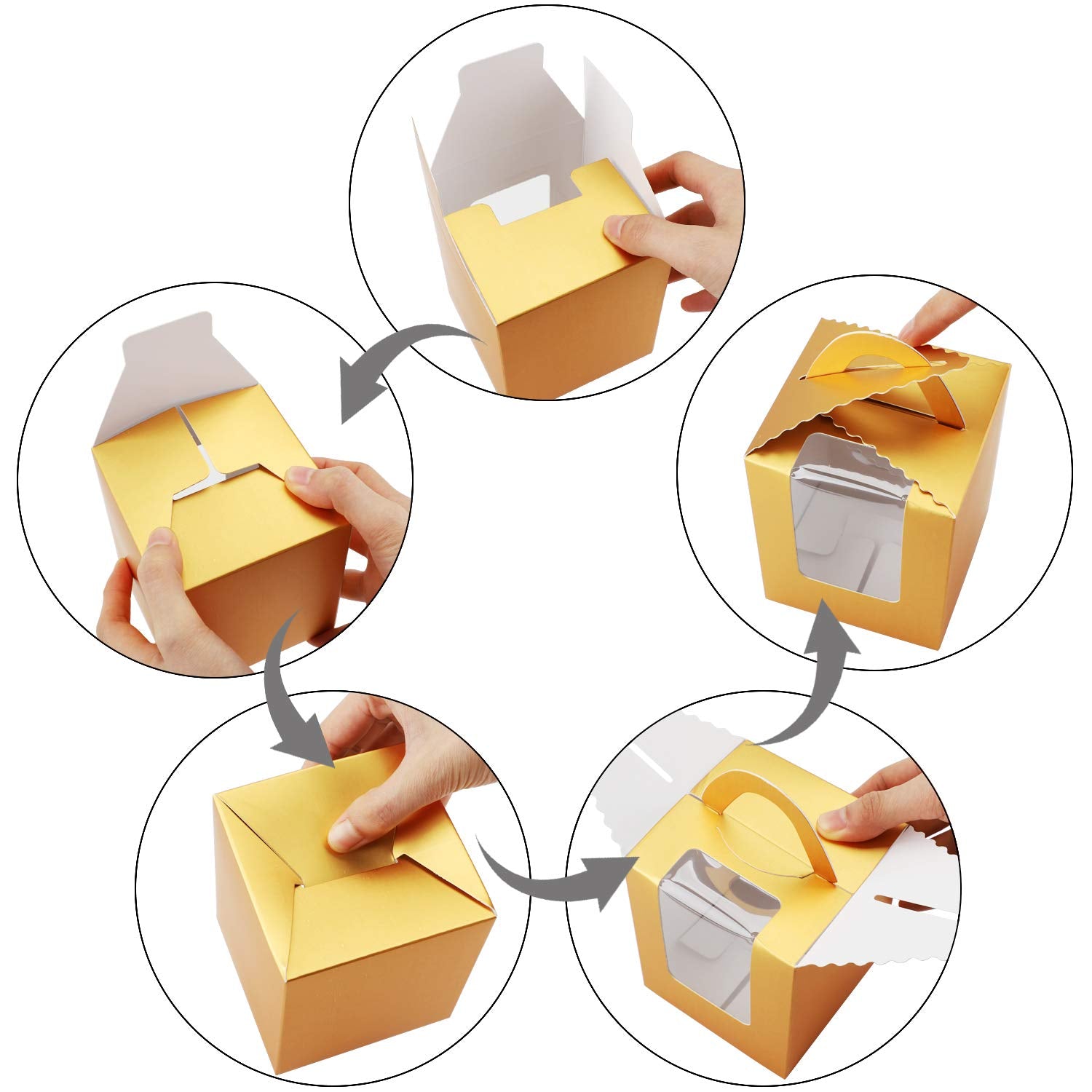 EUSOAR Gold Individual Cupcake Carriers  50pcs 3.6''x 3.6''x 4.3'' Single Disposable Paper Cupcake Boxes  Cupcake to go Gift Boxes with Window Handle  for Wedding Birthday Party Candy Favor Treats Boxes