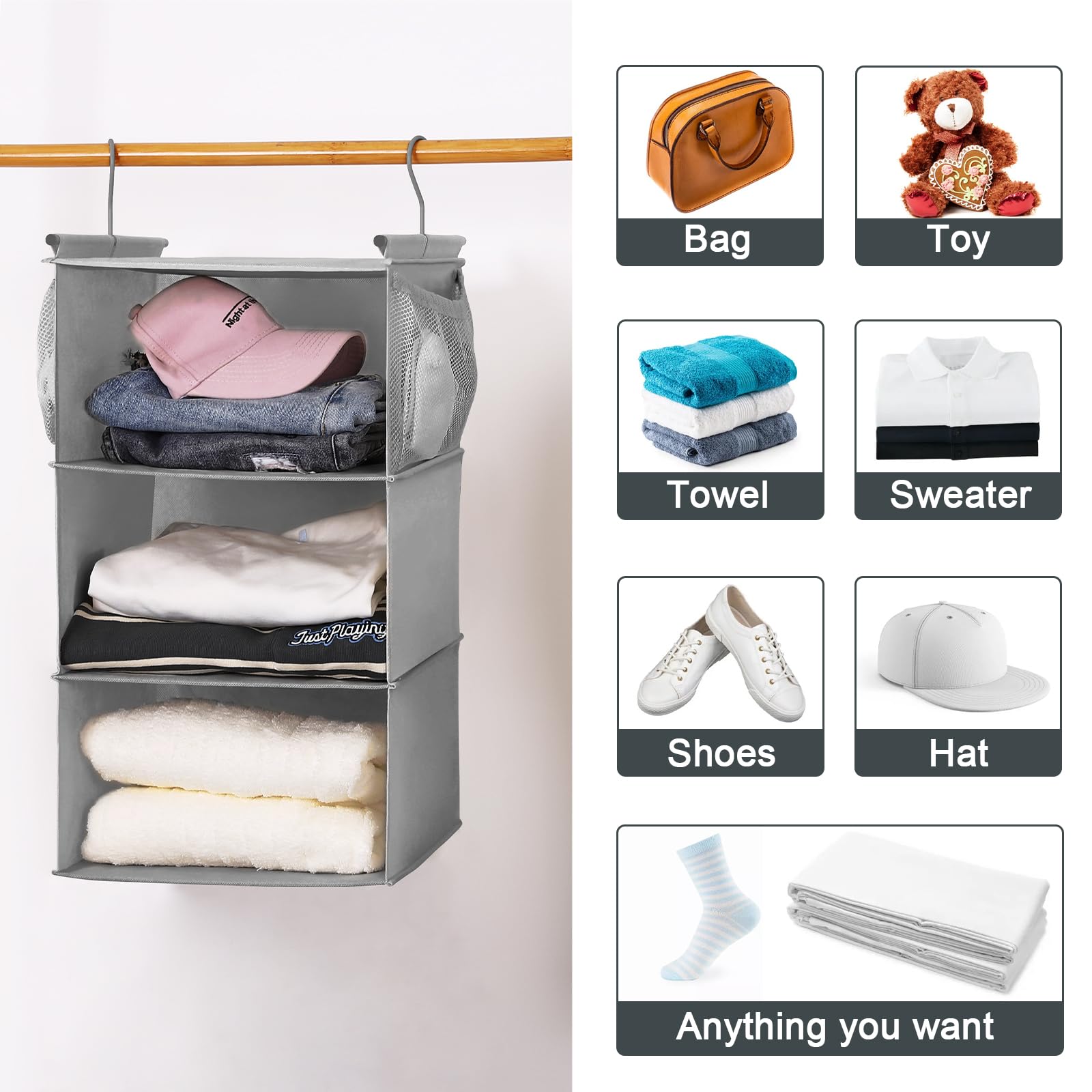 Max Houser 3 Tier Shelf Hanging Closet Organizer, Closet Hanging Shelf With 2 Sturdy Hooks For Storage, 2 Pack, Foldable (Grey)
