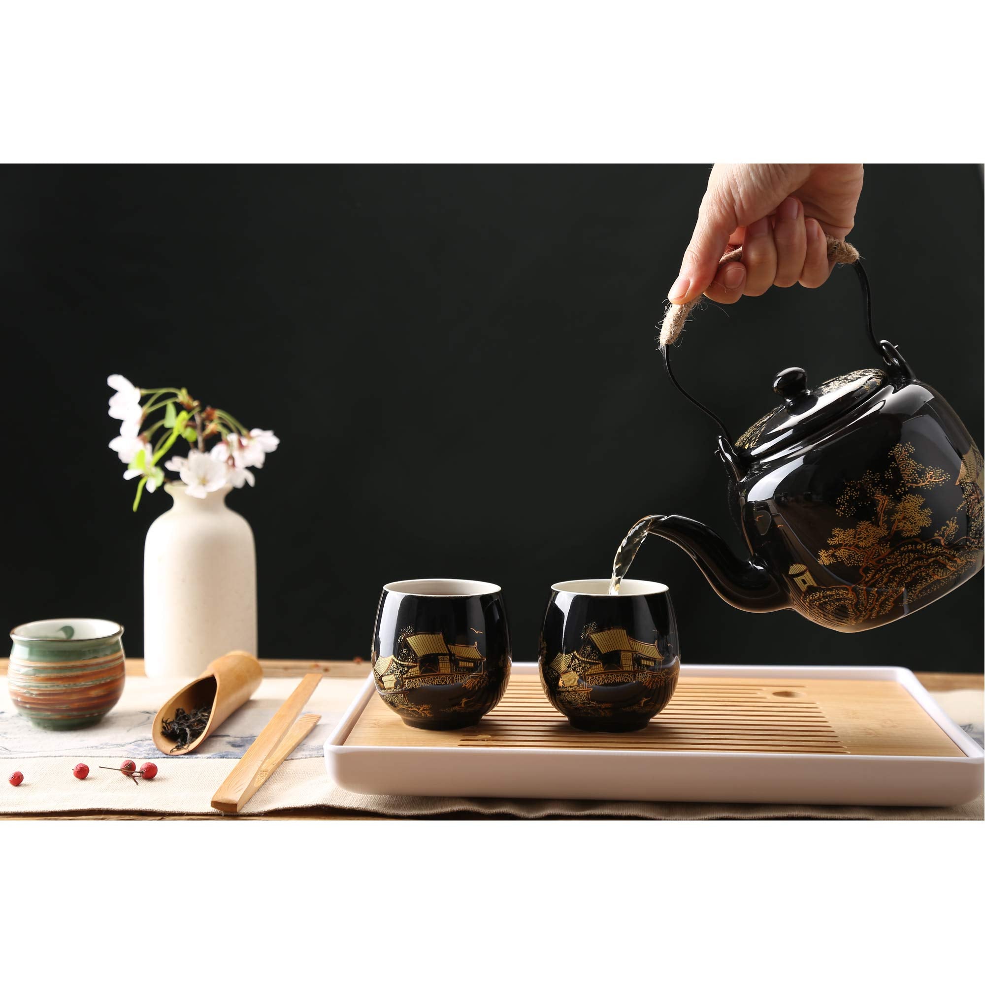 Dujust Japanese Beautiful Asian Porcelain Tea Set, Black With 1 Teapot, 6 Tea Cups, 1 Tea Tray, 1 Stainless Infuser For Adults,