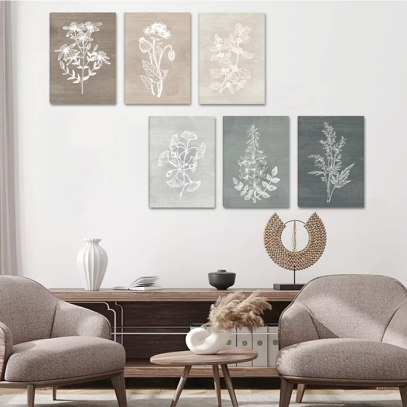 Bincue Neutral Botanical Plant Canvas 6 Pieces Rustic Farmhouse Wall Art For Living Room Bedroom And Bathroom,Canvas Paintings P