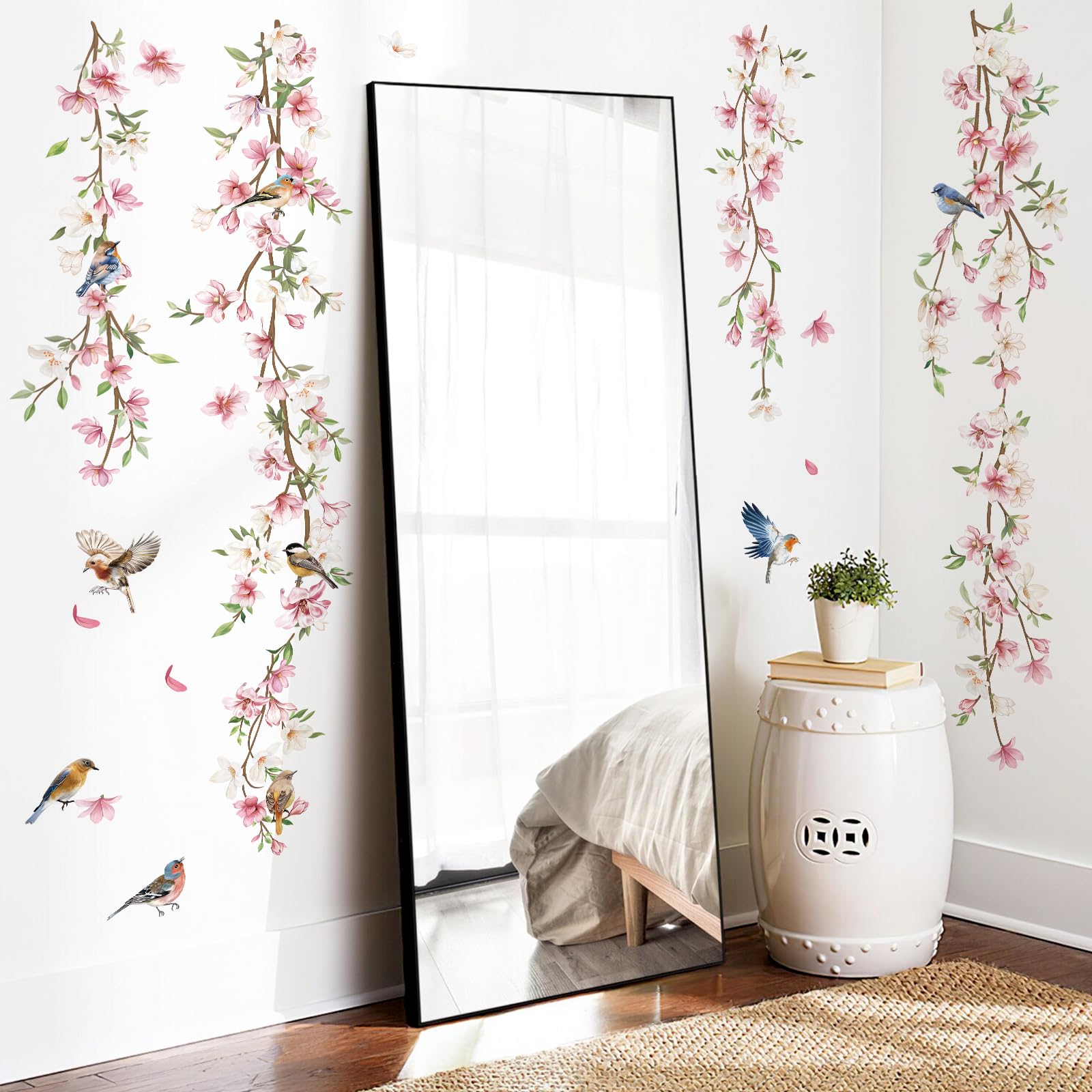 Decalmile Hanging Flower Vine Wall Decals Pink Floral Leaves Birds Wall Stickers Bedroom Living Room Sofa Tv Background Wall Dec