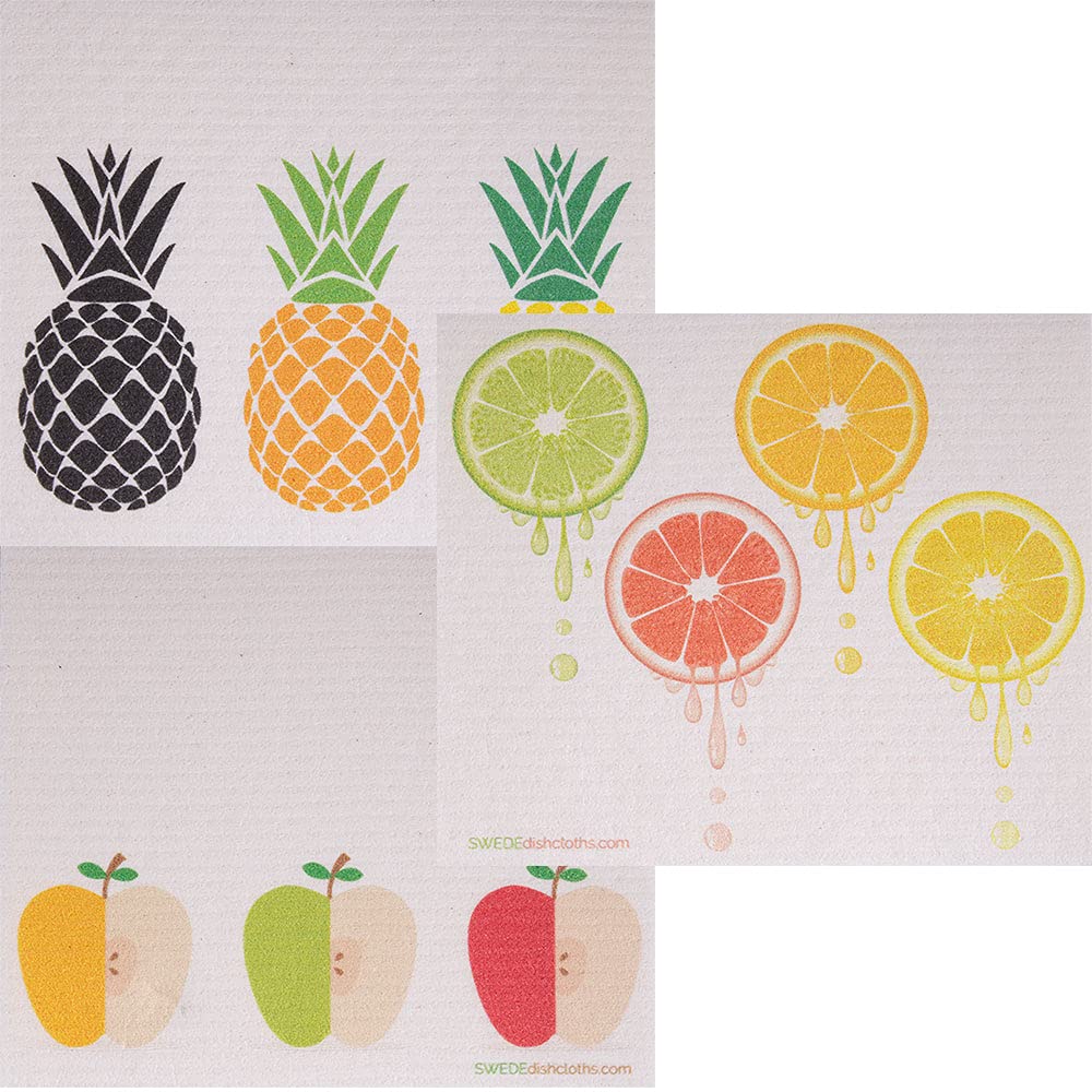 Swededishcloths - Cellulose Sponge Dish Towels - Mixed Set Of 3 (One Of Each Design) Mixed Fruit Swedish Dish Cloths