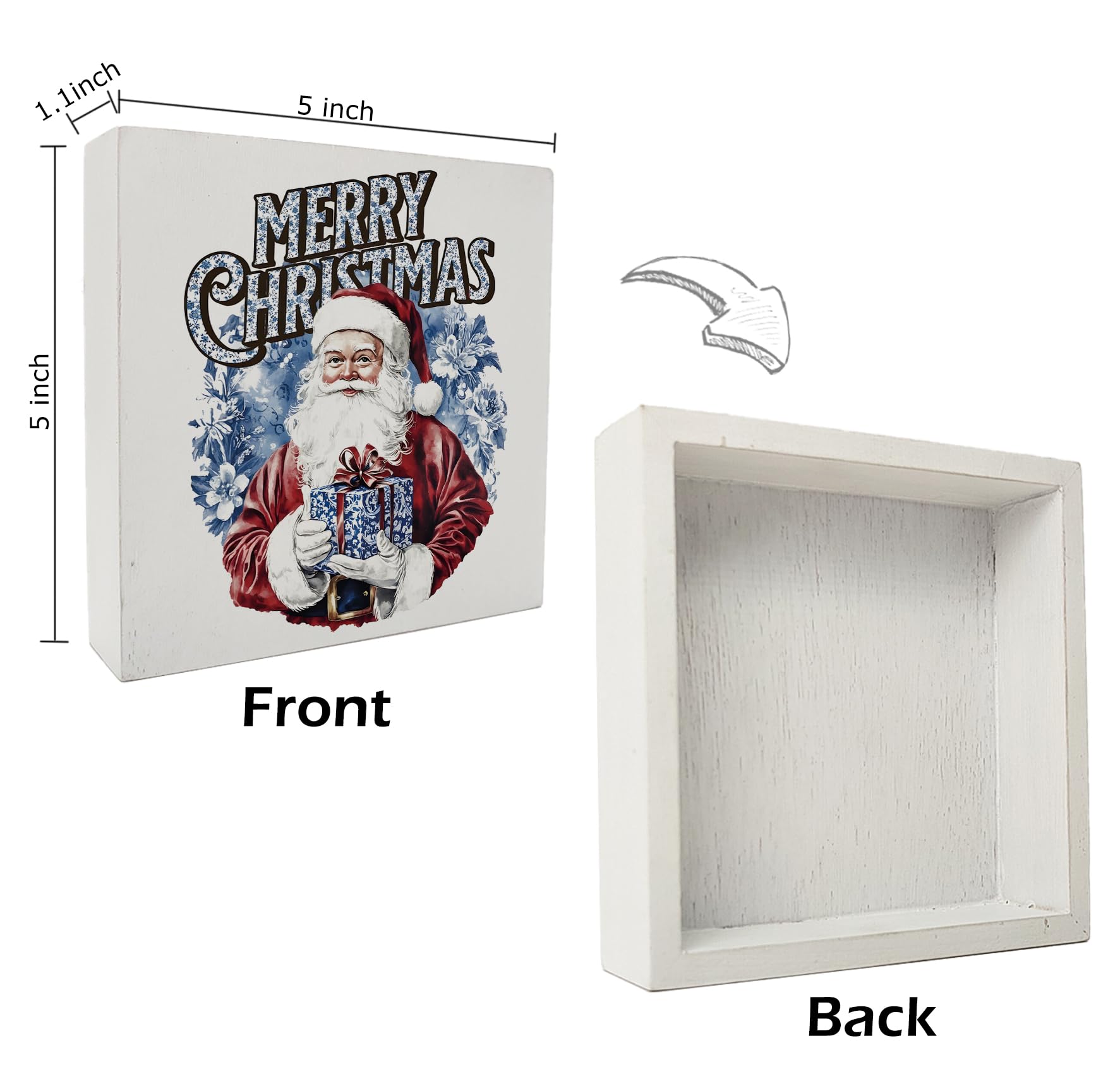 kunlisa Blue and White Chinoiserie Christmas Santa Wooden Sign, Grandmillennial Christmas Decor, Xmas Santa Holiday Wood Box Sig