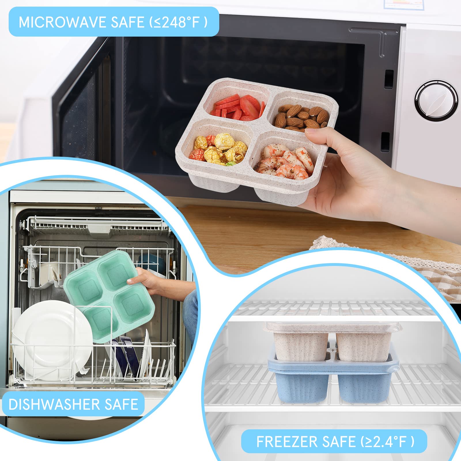 Buluker 4 Pack Bento Snack Containers Set, 4 Compartment Food Storage Containers Wheat Straw Meal Prep Lunch Box Plastic Food St