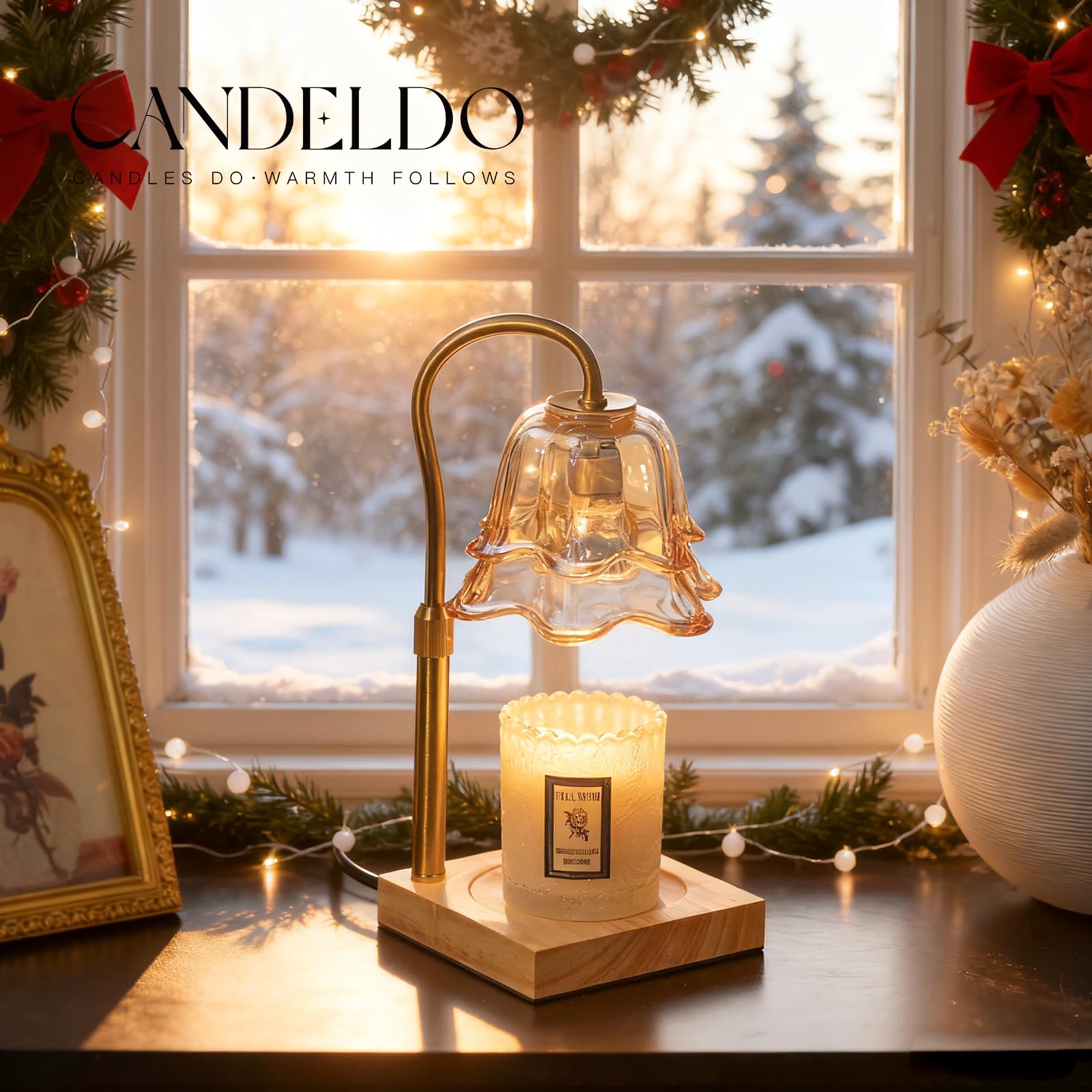 Candeldo Candle Warmer Lamp with Timer: Small Gold Flower Candle Warming Lamp with 2 Bulbs Height Adjustable Wax Warmer Dimmable