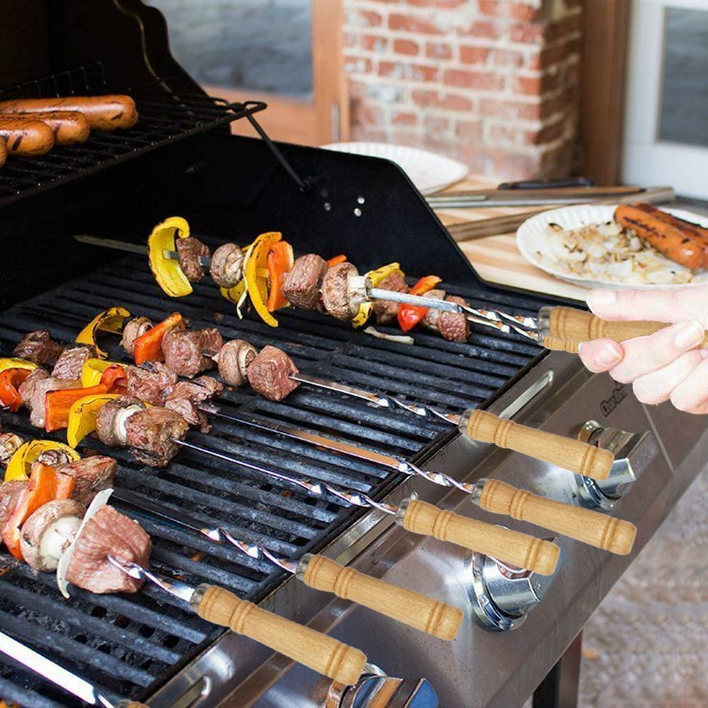 Amestar BBQ Kabob Skewers - 12 Pack Heavy Duty 23.5" Stainless Steel with Wooden Handle for Shish Kebab, Chicken, Shrimp, and Vegetables