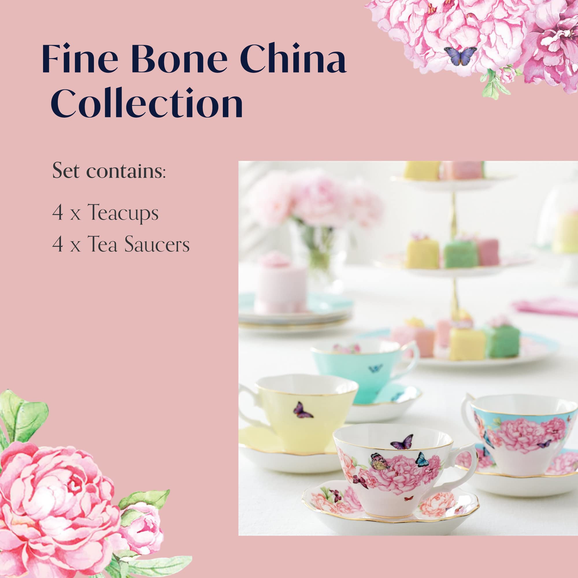 Miranda Kerr For Royal Albert Mixed Patterns Teacup & Saucer Set of 4  6Fl oz