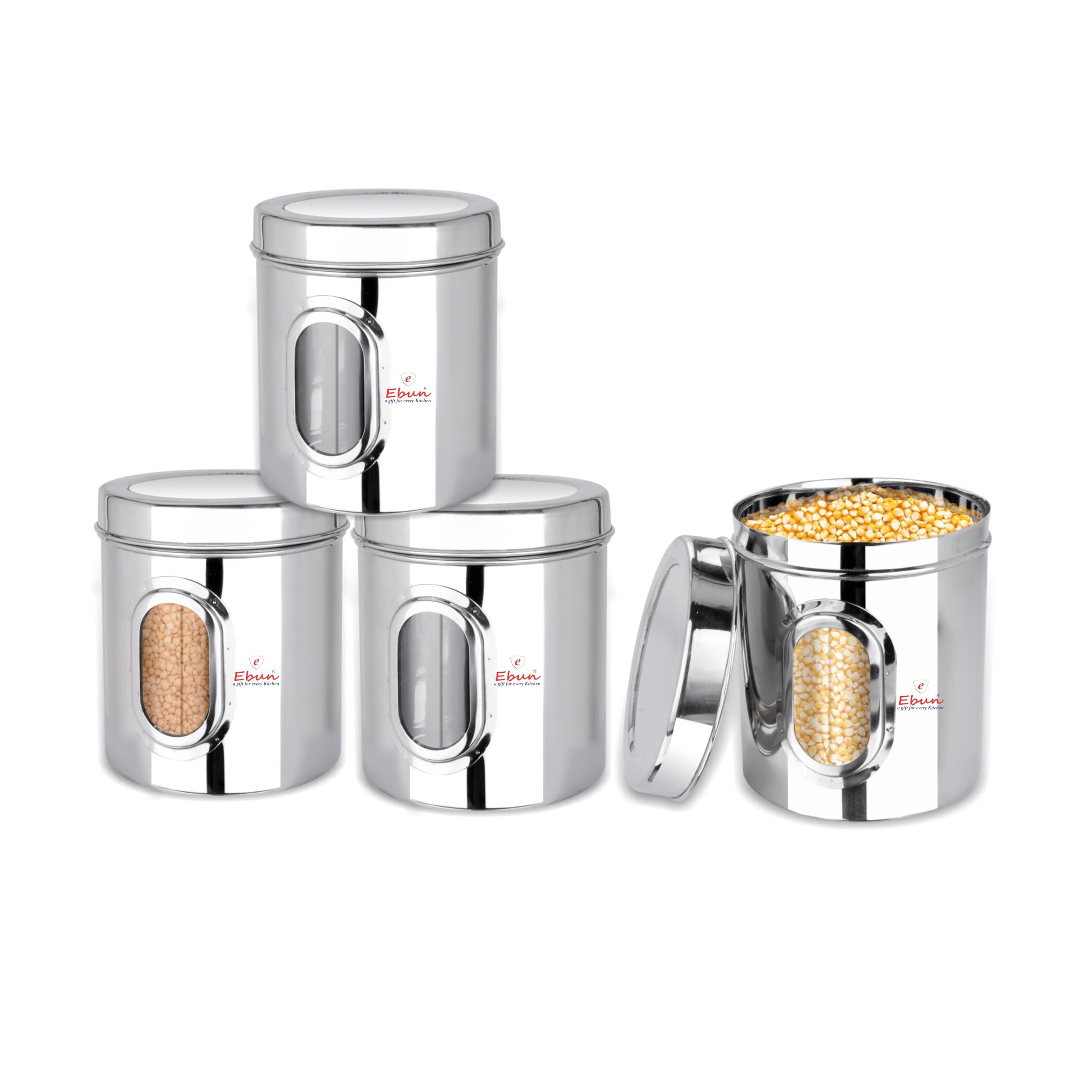 Ebun Stainless Steel See Through Heavy Gauge Containers 3 Kgs|Pack Of 4 Pcs Combo, Silver