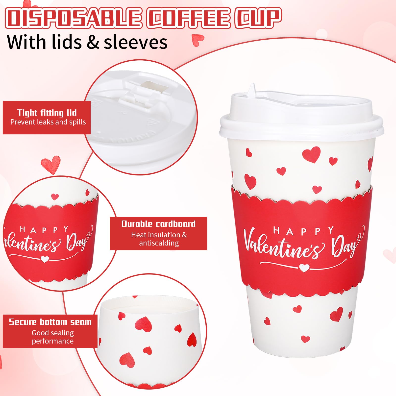 Whaline 50Pcs Valentine'S Day Disposable Coffee Cups With Lids And Sleeves Red Mini Love Heart Paper Drinking Cups For Wedding A