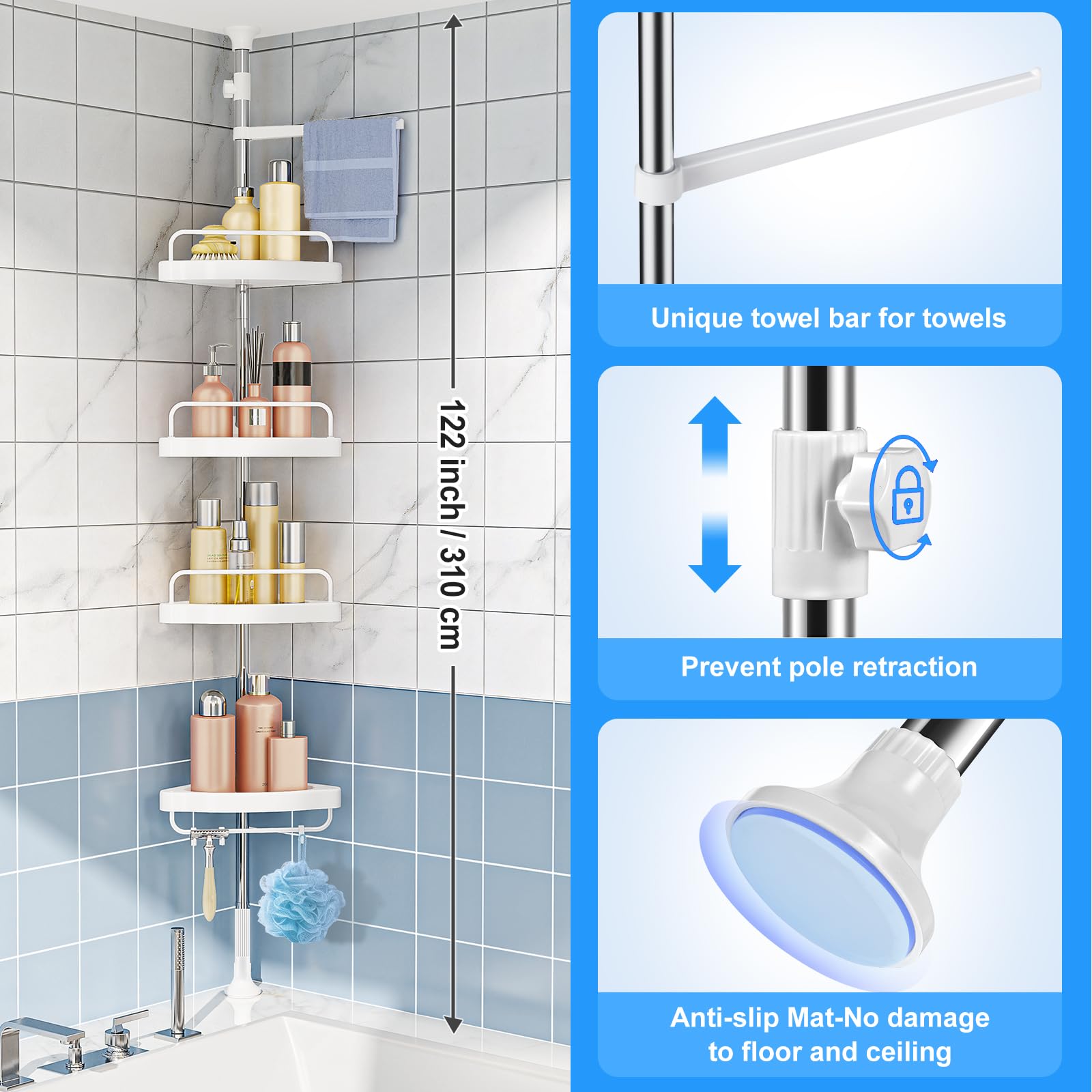 Corner Shower Caddy Tension Pole: Adjustable Stainless Steel Shower Organizer with 4 Tier Shelf for Bathroom Bathtub Tub Shampoo - Floor Standing Rack Bath Storage Holder with Rust Proof Rods