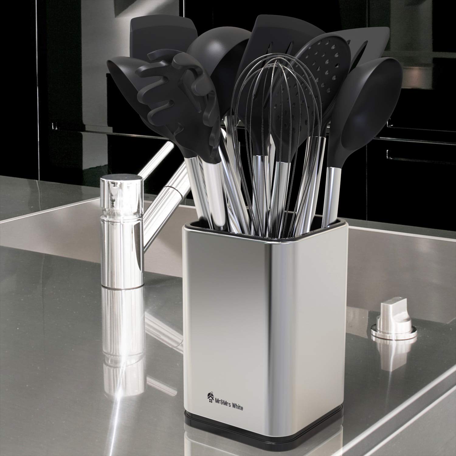 Mr&Mrs White Utensil Holder - Kitchen Utensil Crock - Farmhouse Cooking Utensils Holder - Best Utensil Organizer Container - Pre
