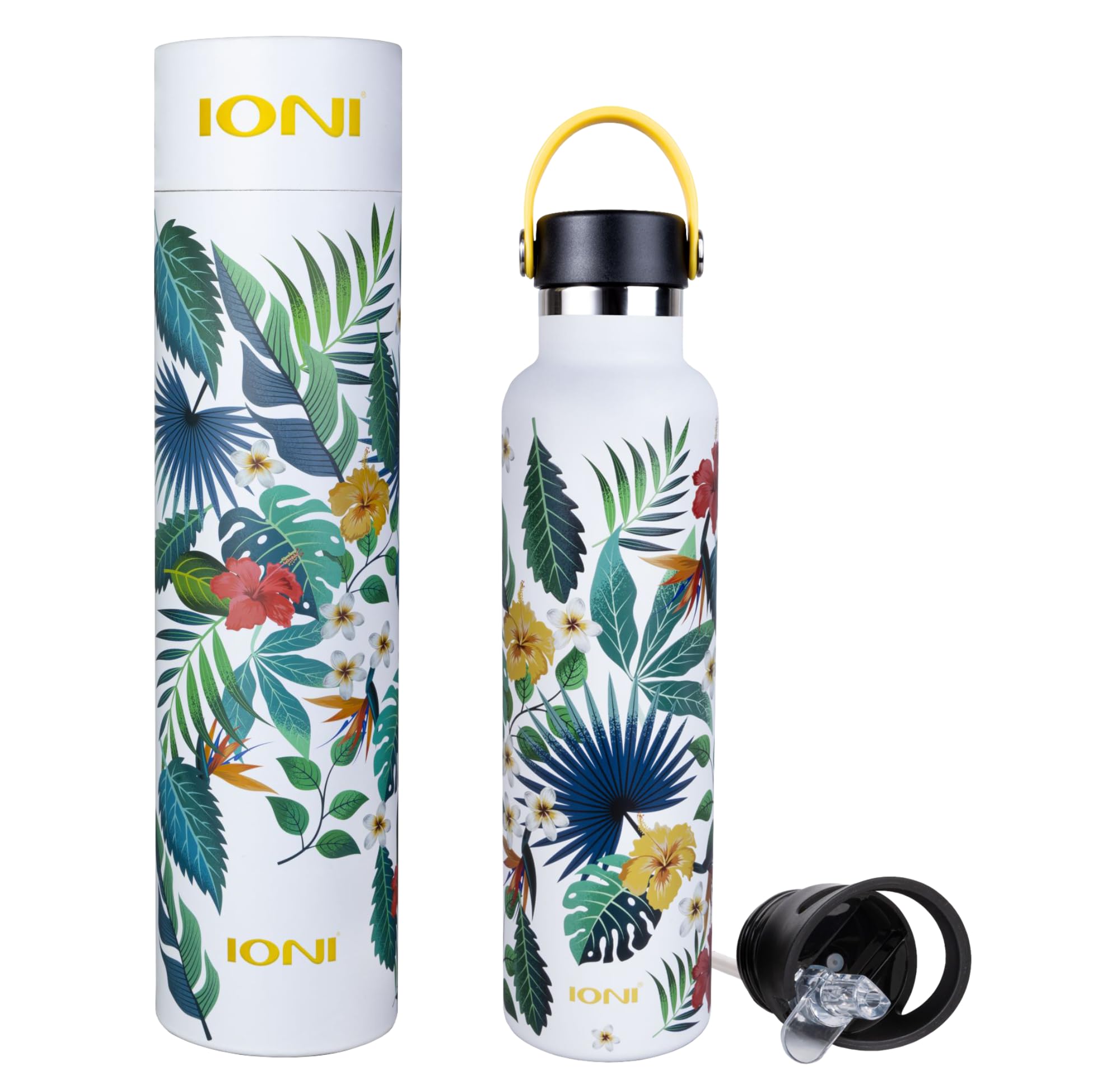 Ioni Water Bottle For Women 24Oz (2 Lids) - Designer Water Bottle White Tropical Art - Bpa Free Stainless Steel Insulated Leakpr