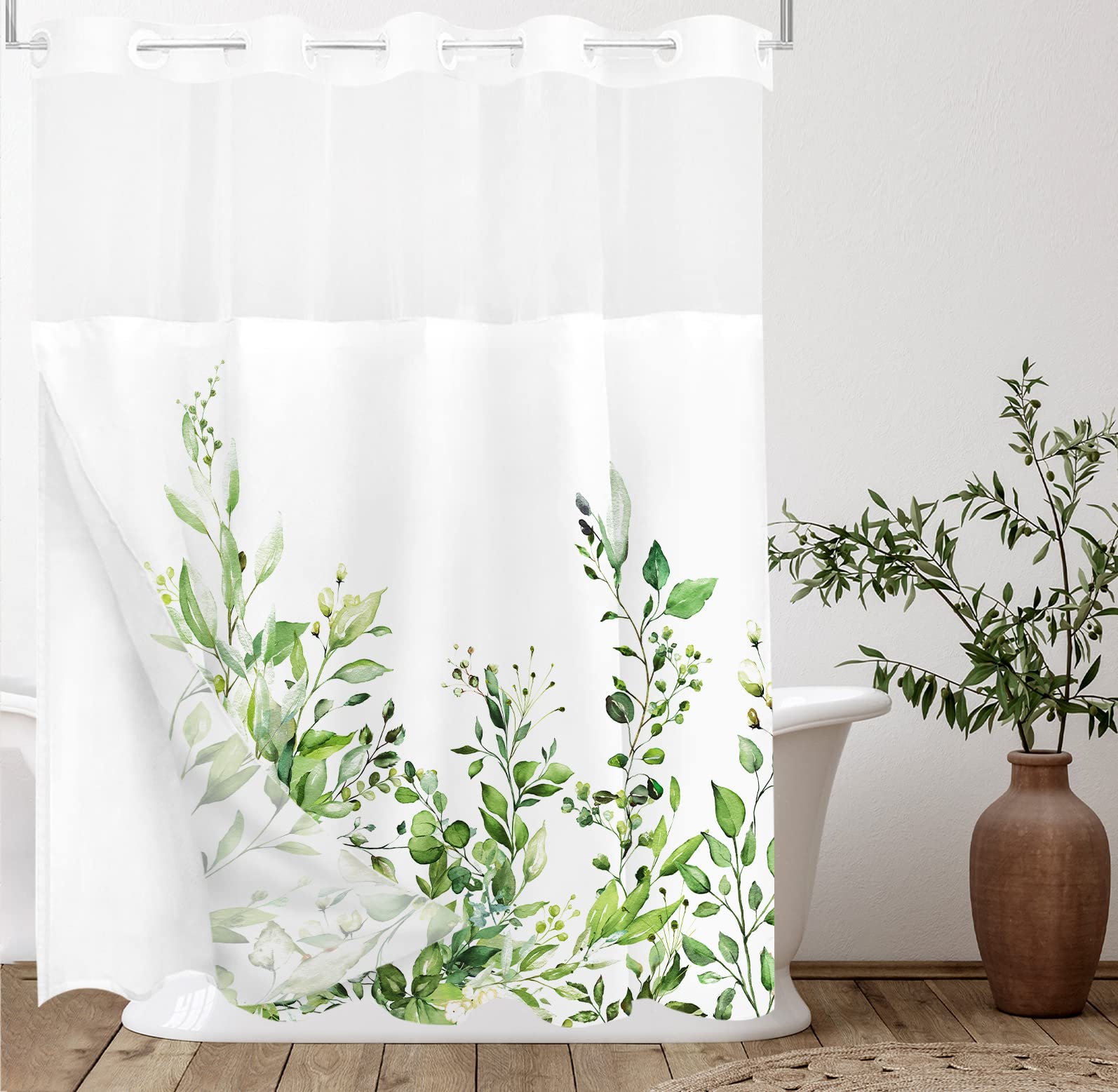 Tititex No Hooks Snap In Liner Greenery Green Eucalyptus Leaves Shower Curtain Sets, Hotel Luxury Double Layers Waterproof Fabri