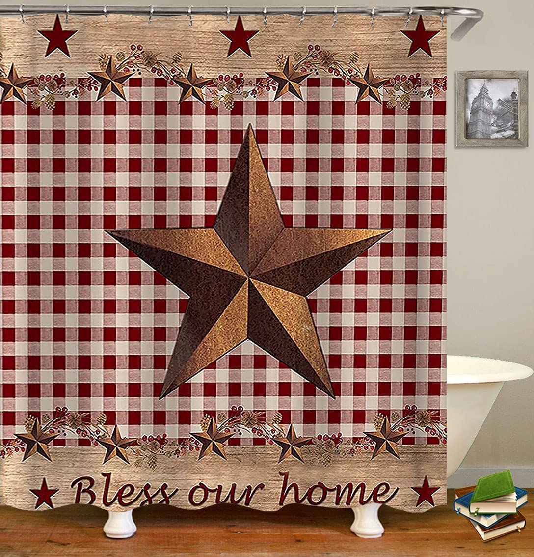Camille&Andrew 4Pcs/Set Vintage Brown Western Texas Star Shower Curtain, Primitive Berry Star Red Beige Plaid Rustic Wooden Boar