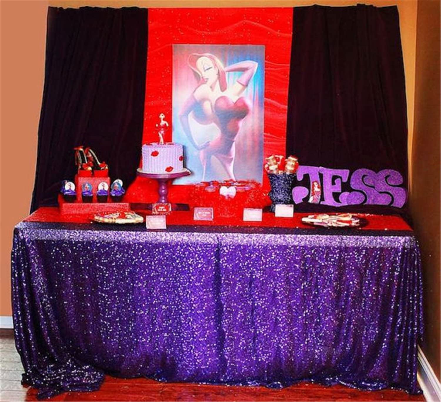 Queendream Sequin Tablecloth 90''X132'' Purple Party Tablecloth Rectangular Seamless Sequin Table Cloth Overlay Glitter Wedding