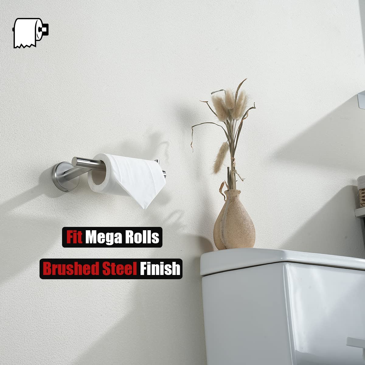 JQK Toilet Paper Holder  5 Inch 304 Stainless Steel Thick 0.8mm Tissue Paper Dispenser for Bathroom  Hold Mega Rolls  Brushed Nickel Wall Mount  TPH100-BN