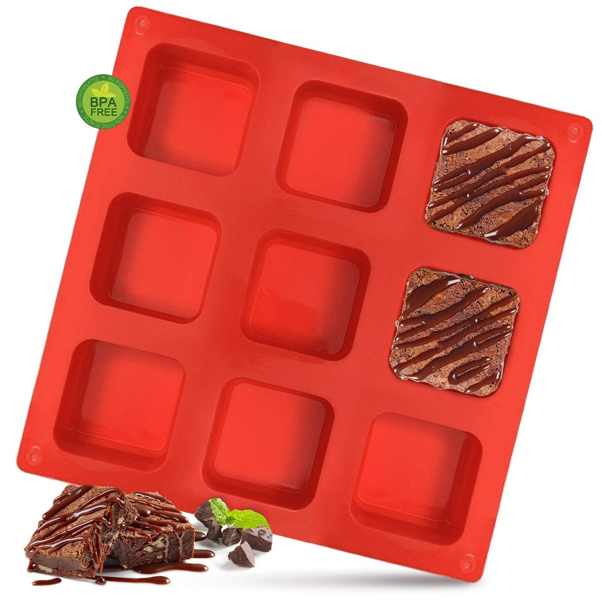 Walfos Silicone Brownie Pan, 9-Cavity Non-Stick Square Baking Pan, Perfect For Brownies, Cornbread, Muffin And Cakes, Bpa Free A