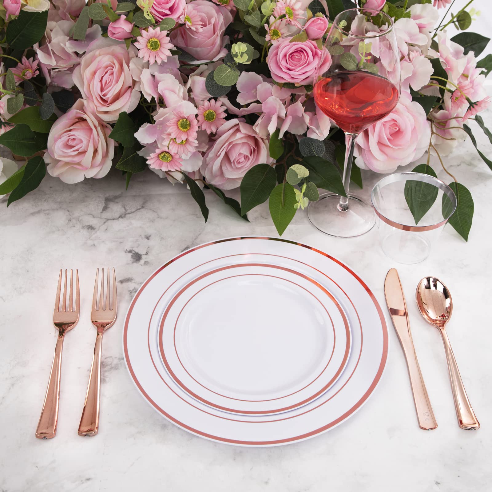Wellife 350 Pieces Rose Gold Plastic Dinnerware, 50 Guests Disposable Plates With Rose Gold Silverware And Cups 9 Oz, 50 Pre Rol