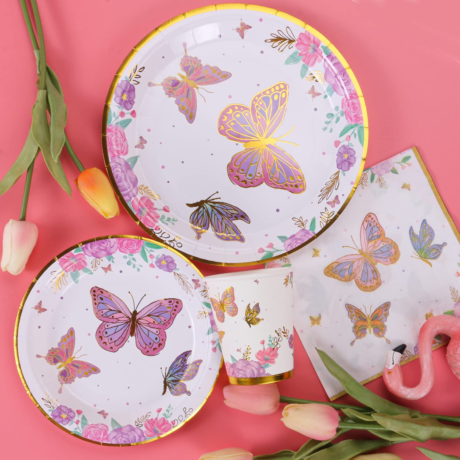 Atonofun Butterfly Birthday Party Supplies  Butterfly Party Plates  Cups  Napkins and Cutlery  Butterfly Party Decorations for Baby Shower  Birthday  Butterfly Fairy Themed Parties Serves 24