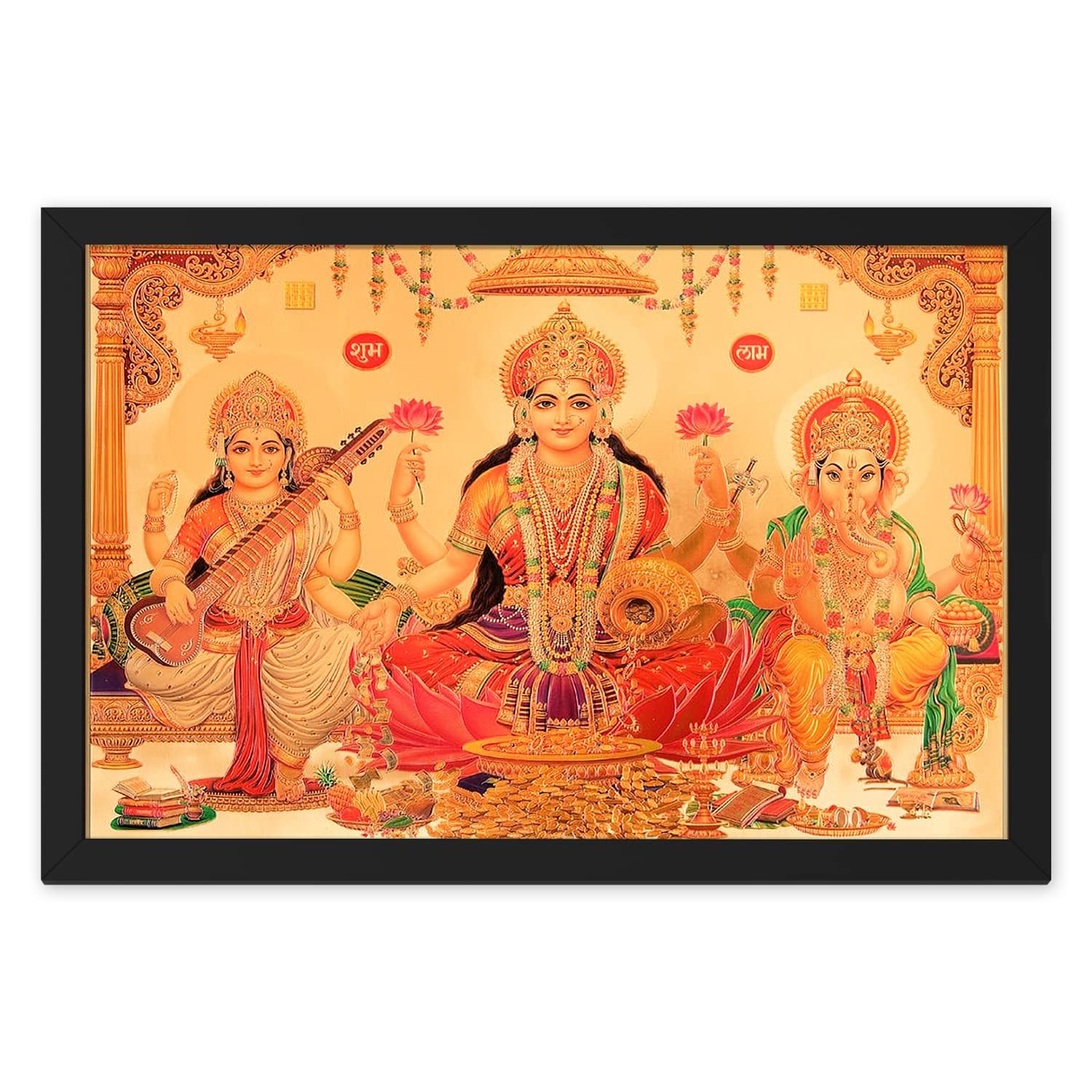 Ritwikas Laxmi Ganesh Saraswati Religious Painting With Synthetic Framed Abstract Digital Wall Art Diwali Pooja For Home Office 