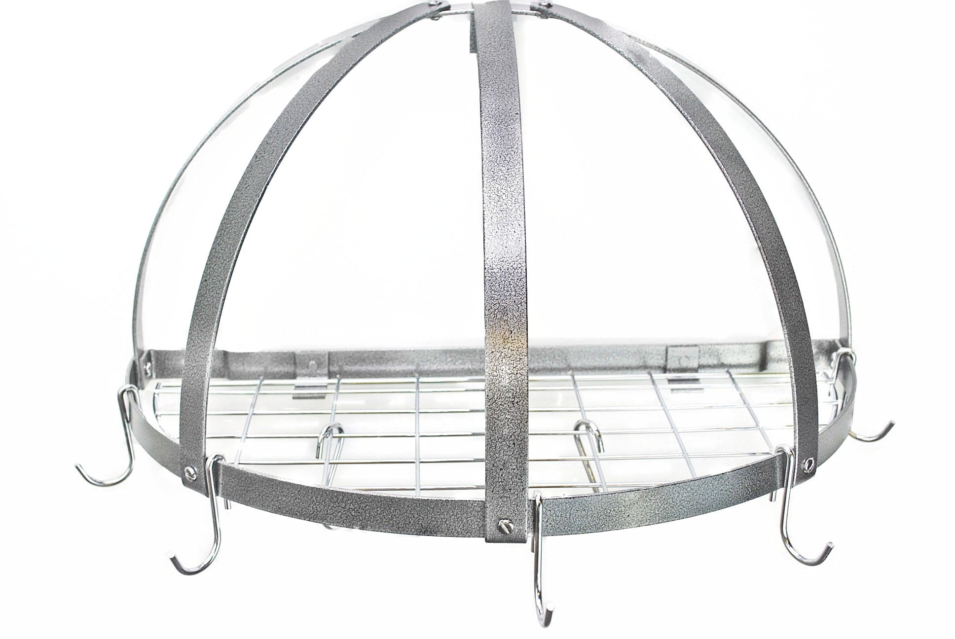 Rogar Half Dome Pot Rack W Grid in Black W Chrome Hooks, White/Chrome
