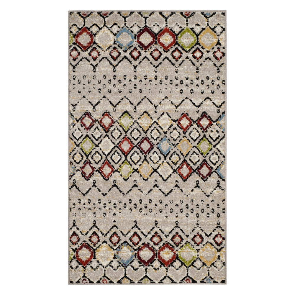 SAFAVIEH Amsterdam Collection Area Rug - 51 x 76, Light Grey & Multi, Moroccan Boho Design, Non-Shedding & Easy Care, Ideal fo