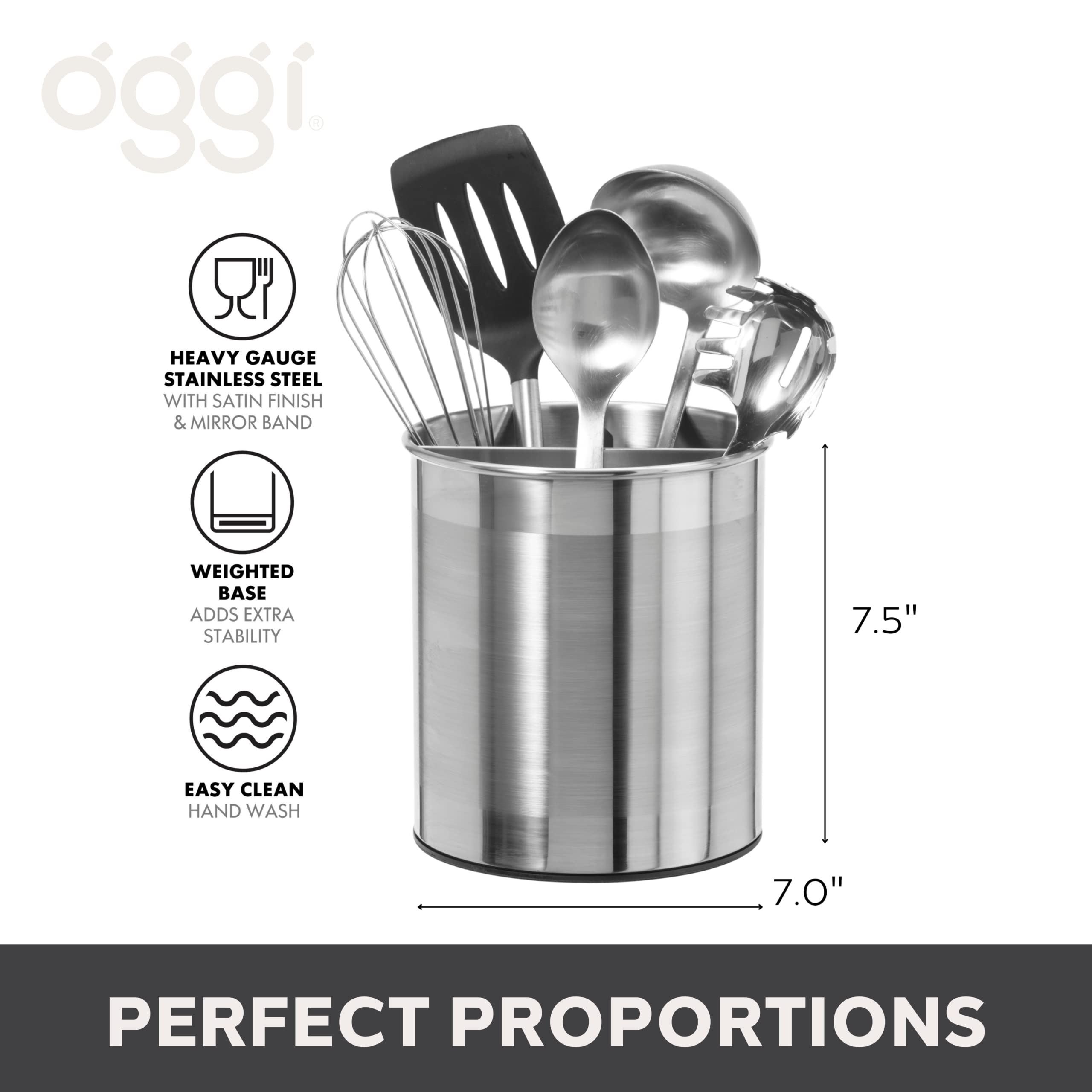 Oggi Jumbo Stainless Steel Rotating Utensil Holder With Removable Divider - Stylish Kitchen Cooking Utensil Organizer. Height 7.