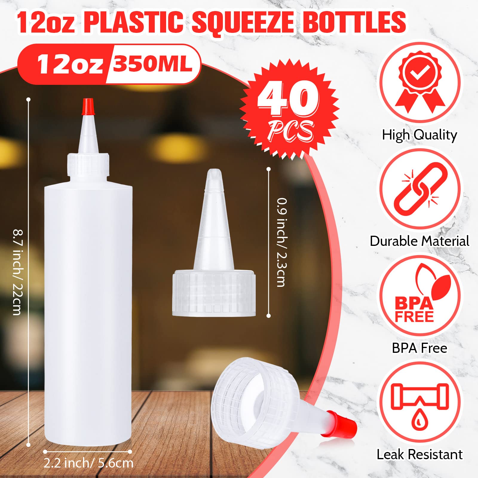 Irenare 40 Pcs 12 Oz Plastic Squeeze Bottles Condiment Bottles With Red Tip Caps, Empty Squirt Bottle Dispenser Leakproof Refill