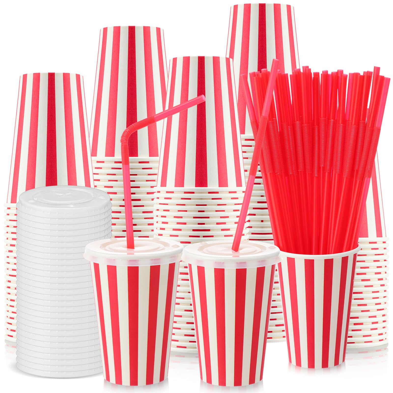 Fullhawl 50 Set Red Stripe Paper Cups Bulk with Lids and Straws Disposable Paper Cups for Circus Carnival Party 12 oz Drinking B