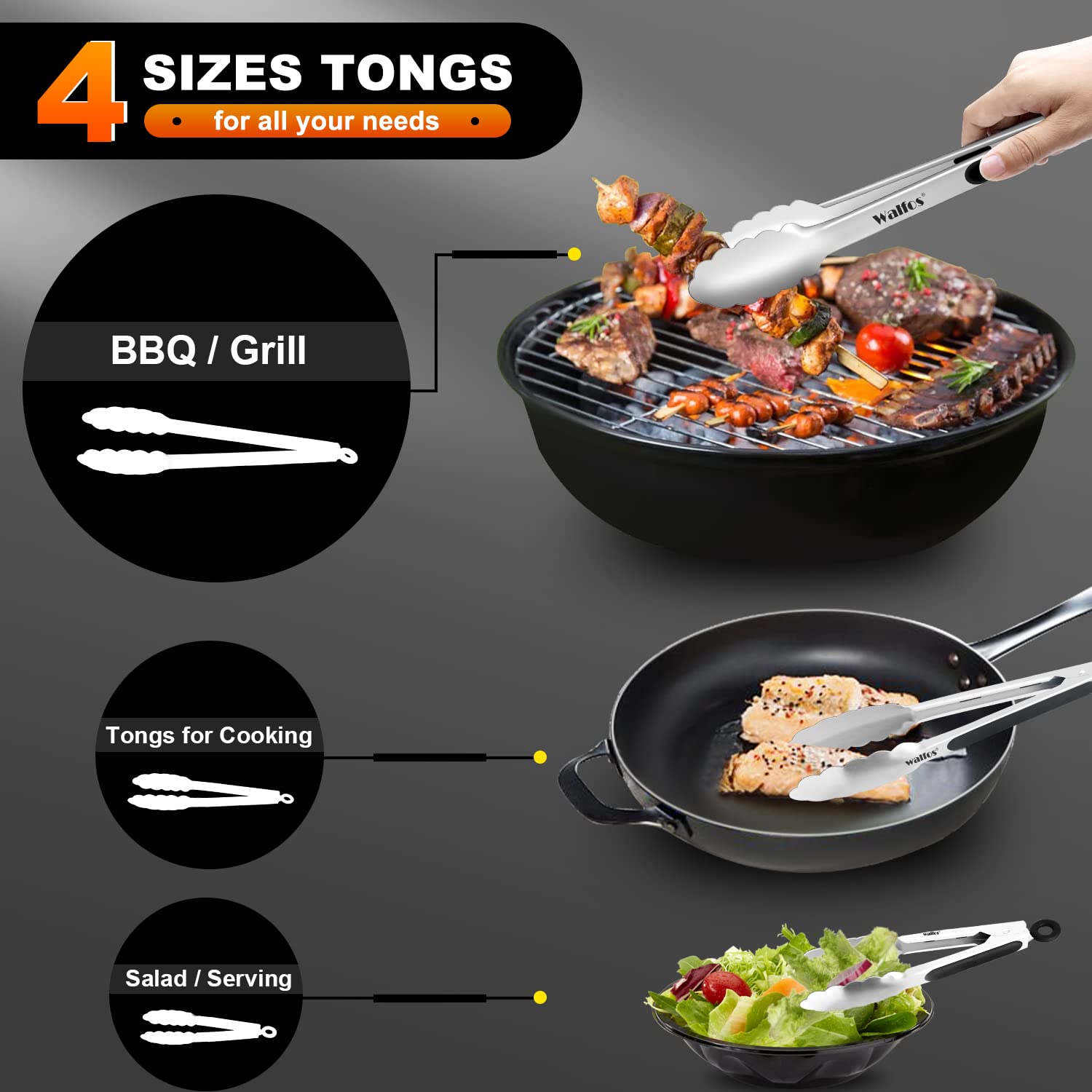 Walfos Stainless Steel Kitchen Tongs For Cooking, Bbq - 7 ,9, 12 And 14 Inch,Set Of 4 Heavy Duty Locking Metal Food Tongs Non-Sl
