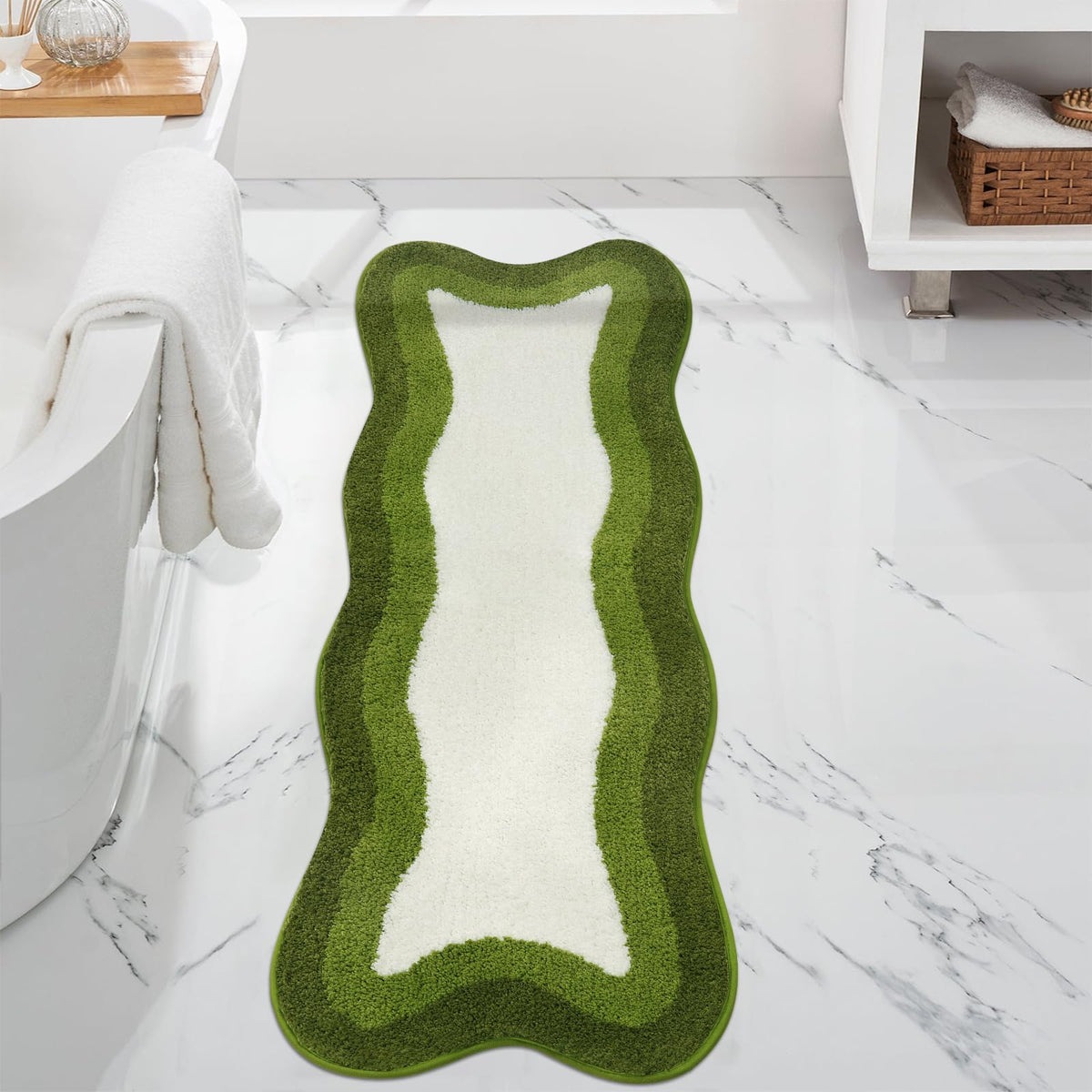 Haocoo Bathroom Rugs Runner 18X47 Inch, Non Slip Soft Green Rug Irregular Shape Bathroom Mats, Washable Absorbent Long Bathroom