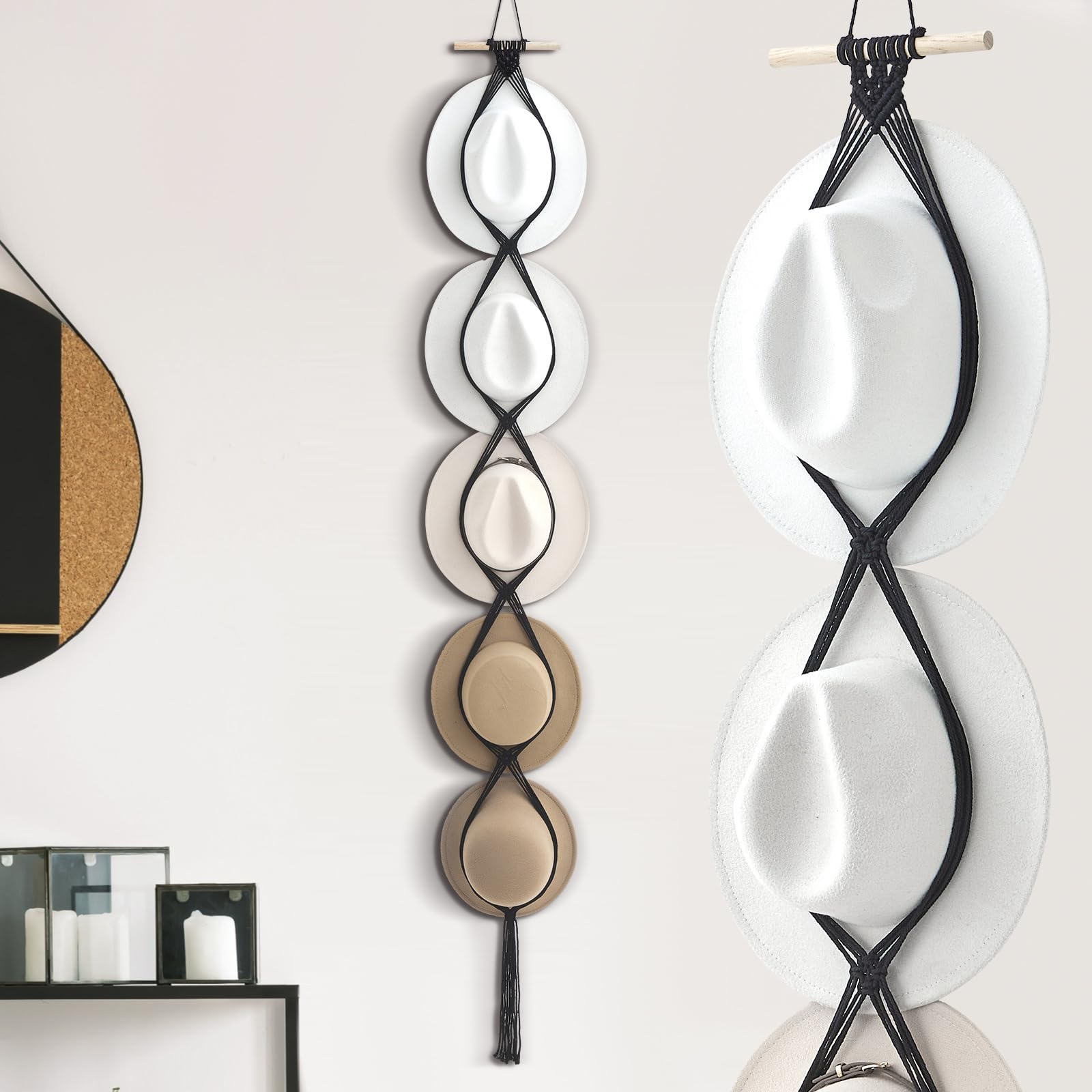 Yulejo Macrame Hat Hangers Boho Hat Rack Cowboy Hat Hanger Back Of Door Hat Organizer (Black,Five Hats Style)