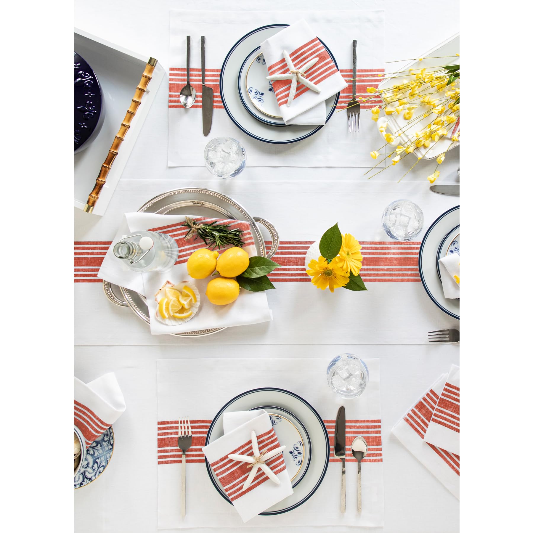 Solino Home Farmhouse Linen Placemats 19'' L X 14'' W Inch - 100% Pure Linen Stripe Red And White Cloth Placemats Set Of 4 - Was