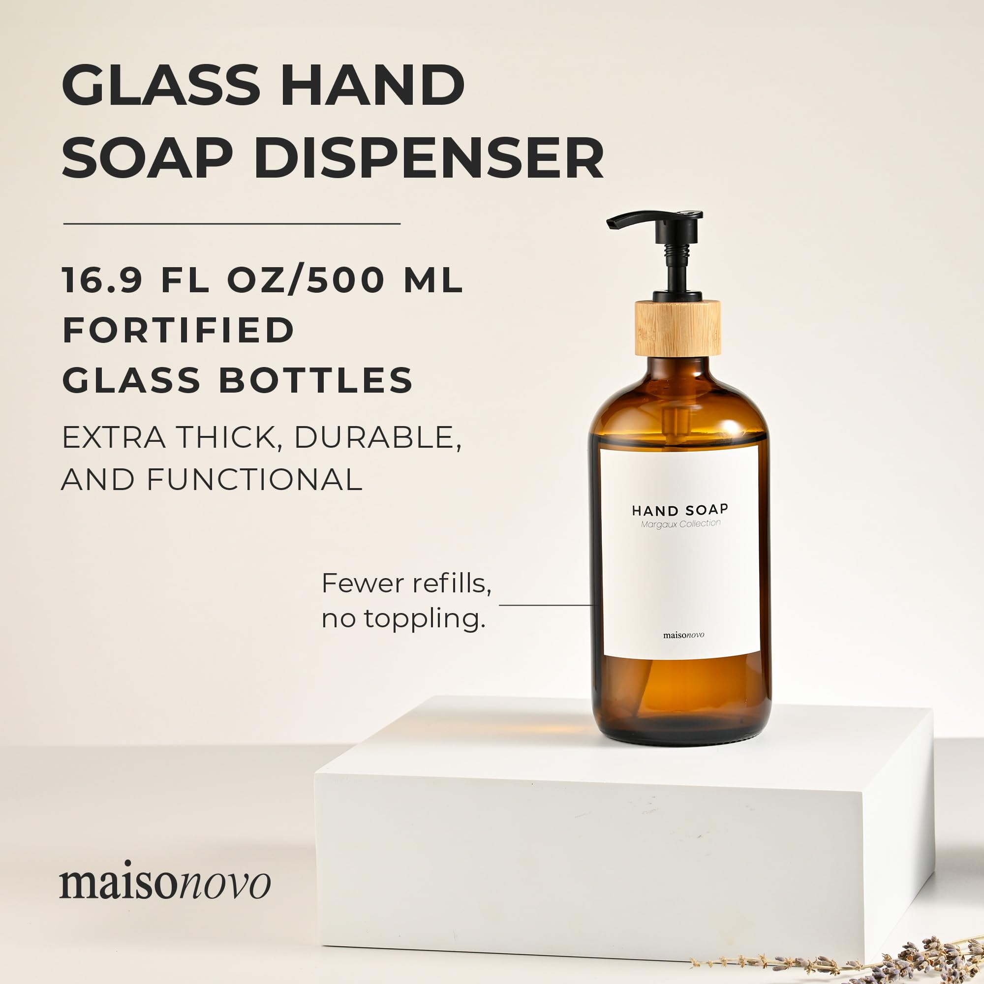 Maisonovo Hand Soap Dispenser | 16.9 Fl Oz Amber Glass Soap Dispenser With Bamboo Pump