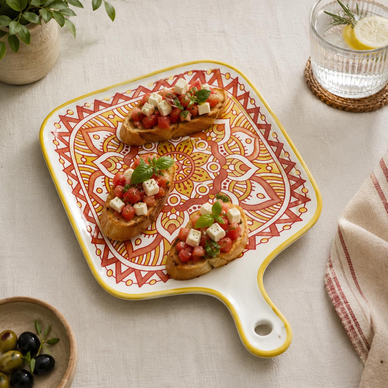 Turkceramics Ceramic Serving Platter With Handle  25 Cm X 18 Cm Square Boho Mandala Design Tray  Decorative Dish For Snacks,Ta