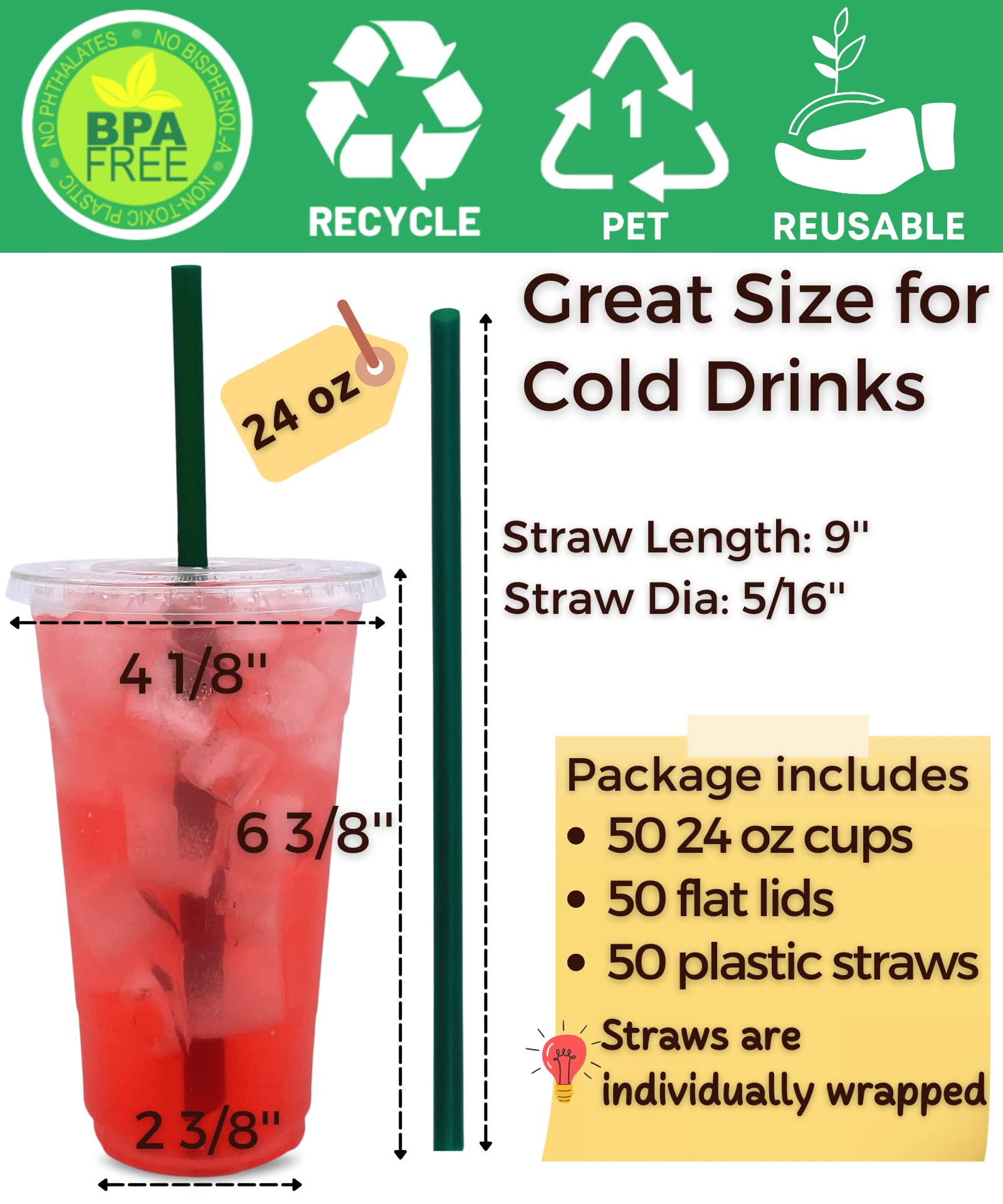 Aatriet [50 Sets] 24 Oz Clear Plastic Cups With Lids And Straws, Disposable Coffee Cups