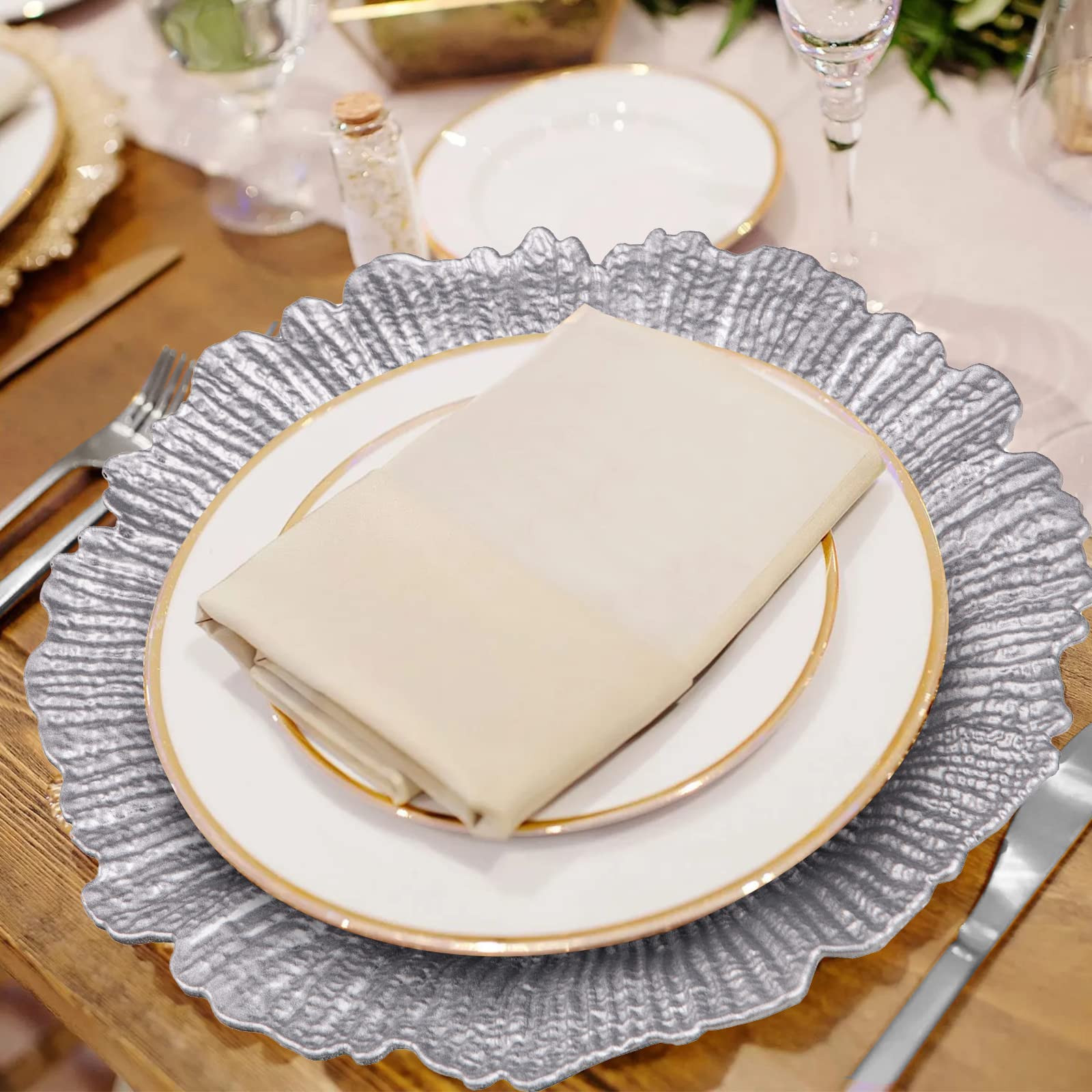 Maoname Round 13'' Silver Charger Plates, Plastic Reef Plate Chargers For Dinner Plates, Wedding, Elegant D