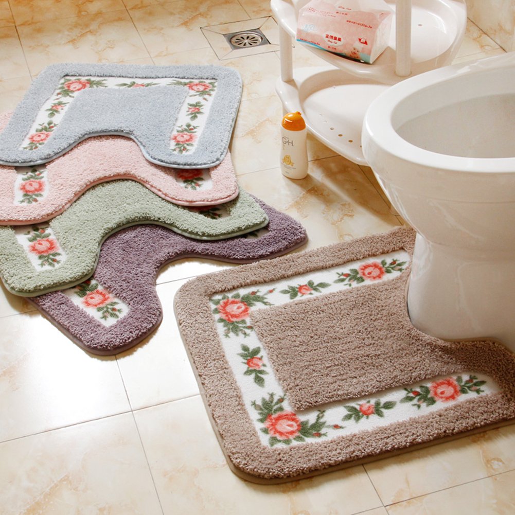 Ukeler Luxurious Soft Floral Non-Slip Toilet Contour Rug, Contour Bath Rug, Soft Shaggy U-Shaped Toilet Floor Mat For Bathroom 2