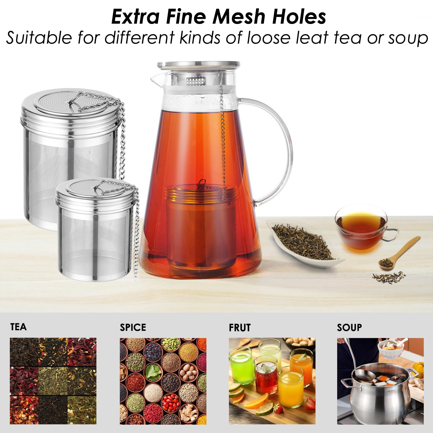 Teemade 2 Pack Tea Infuser,Extra Fine Mesh Holes Tea Ball Strainers With Threaded Connection,304 Stainless Steel Cooking Filters