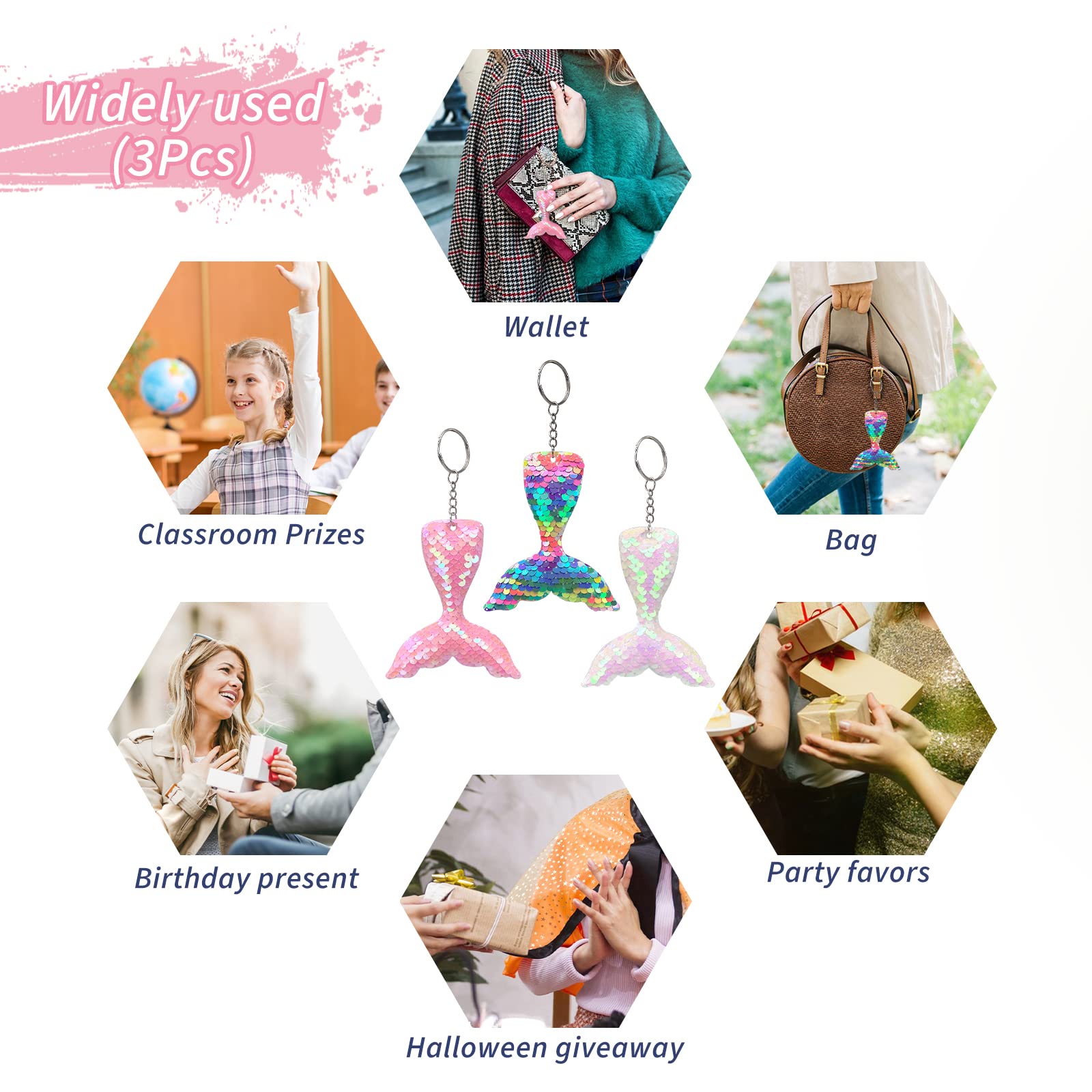 Wishlotus Flip Sequin Keychain, 3Pcs Mermaid-Shaped Reversible Key Pendant For Party Supplies Christmas Accessories (Assorted Co