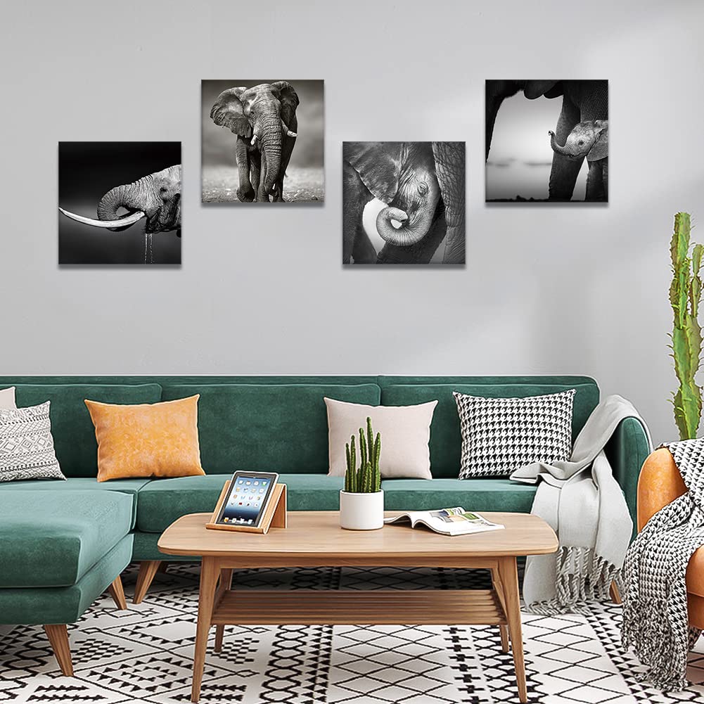 Otostar 4 Pieces Wall Art Canvas Prints - Grey-Elephant Family - Picture Painting - Modern Wall Artwork Framed For Gifts Bathroo