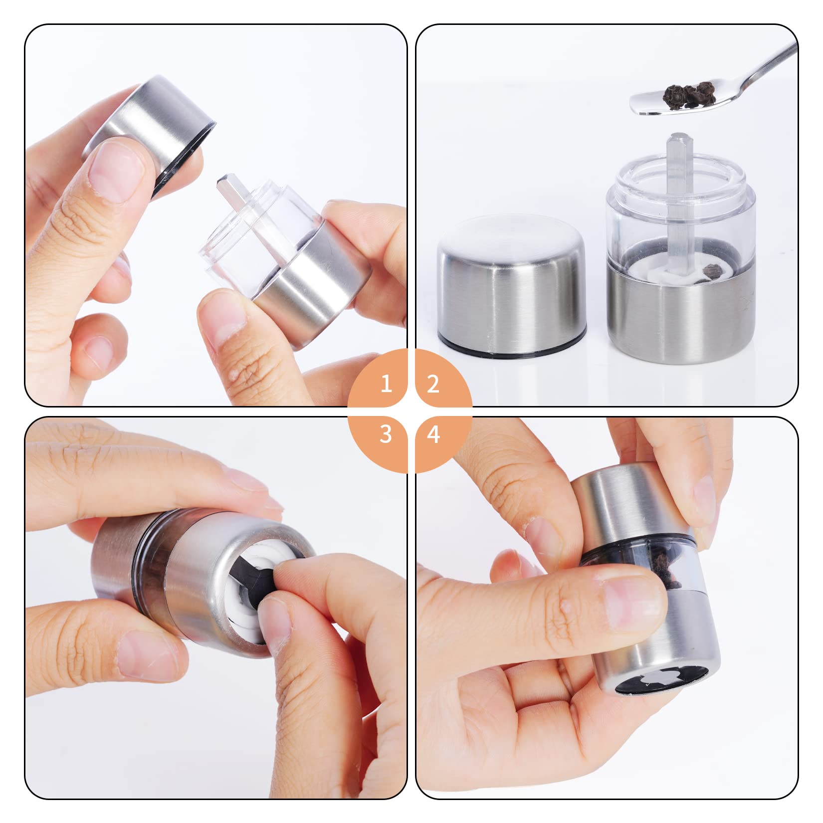 Miayon 4Pcs Sea Salt And Pepper Grinder Set Transparent Tiny Spice Pepper Mill Shaker Portable Coarseness Ceramic Salt Grinder M